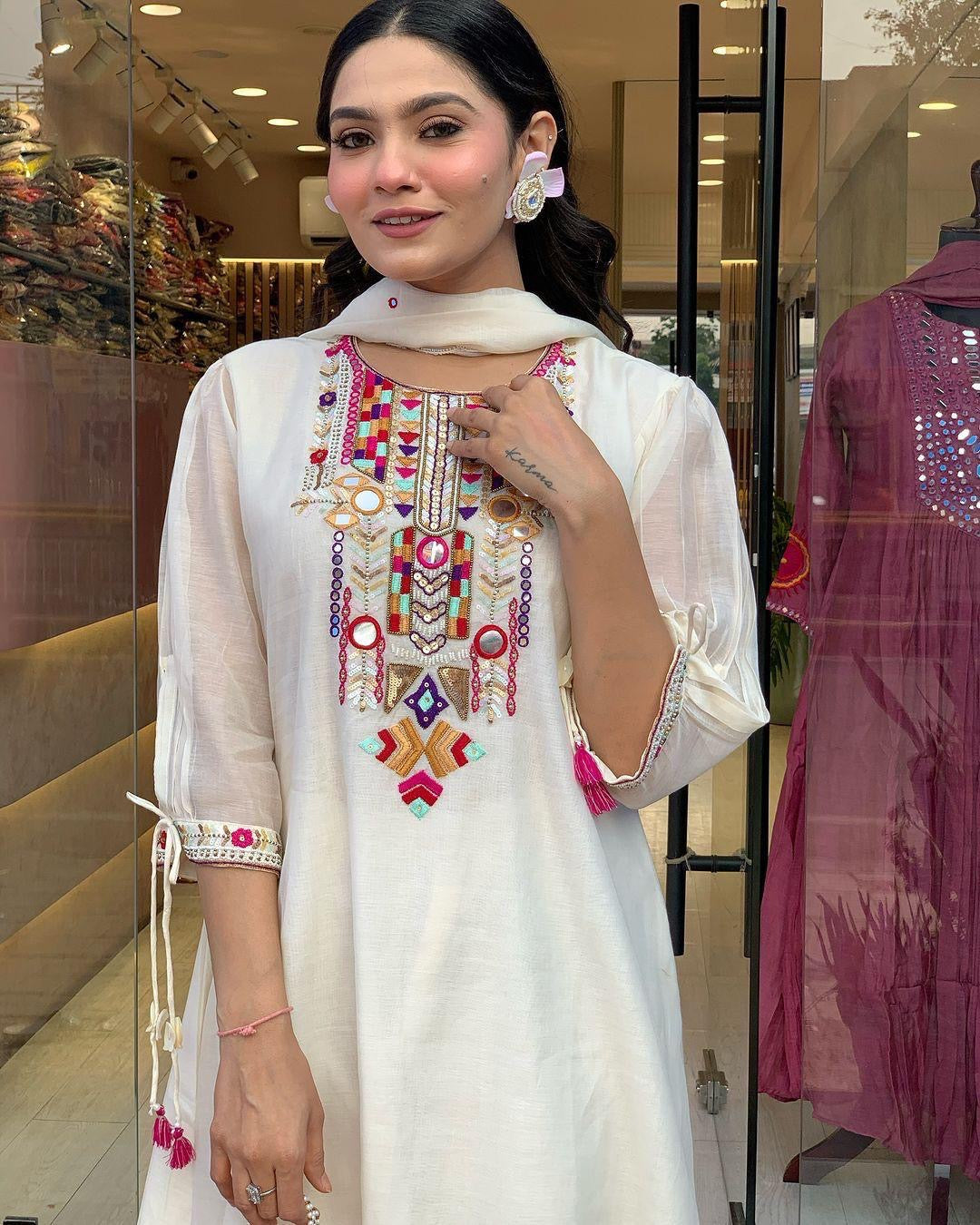 Premium Chanderi Neck Work Summer Special Kurti Pant Dupatta Set (Stitched) - Premium from Ethenika.com - Just INR 1990! Shop now at Ethenika.com