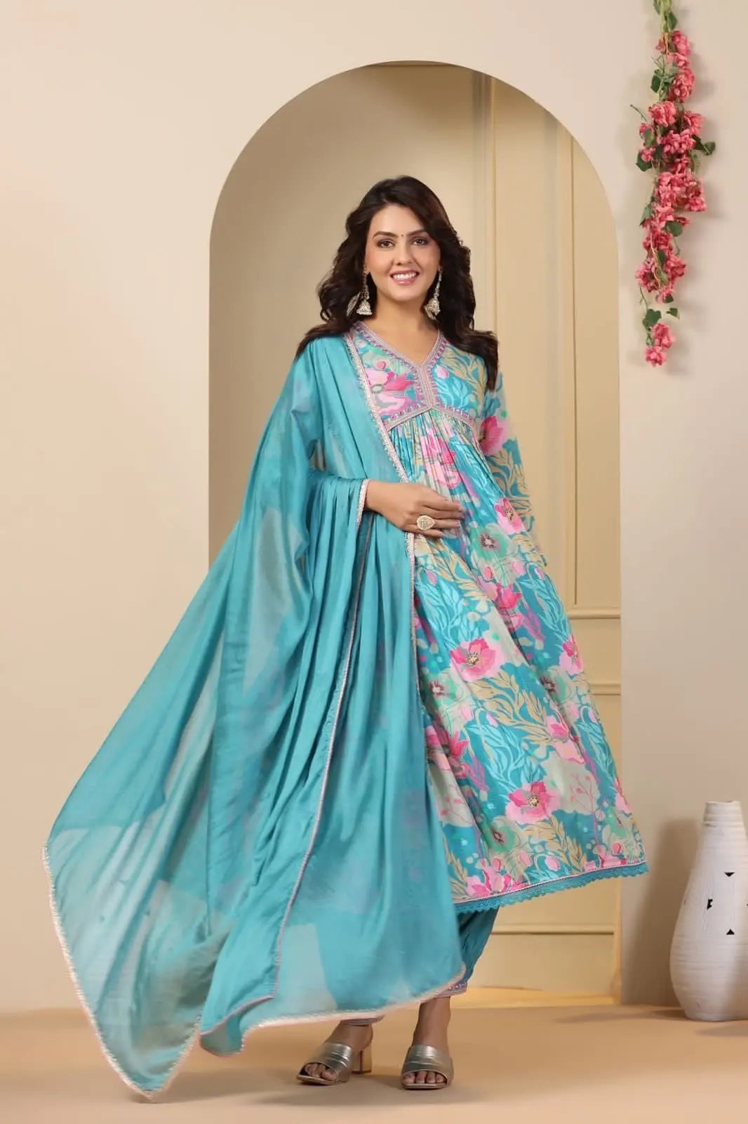Muslin Alia Cut Zari Embroidery Digital Print work Kurti Pant Set (Stitched) - Premium from Ethenika.com - Just INR 1990! Shop now at Ethenika.com