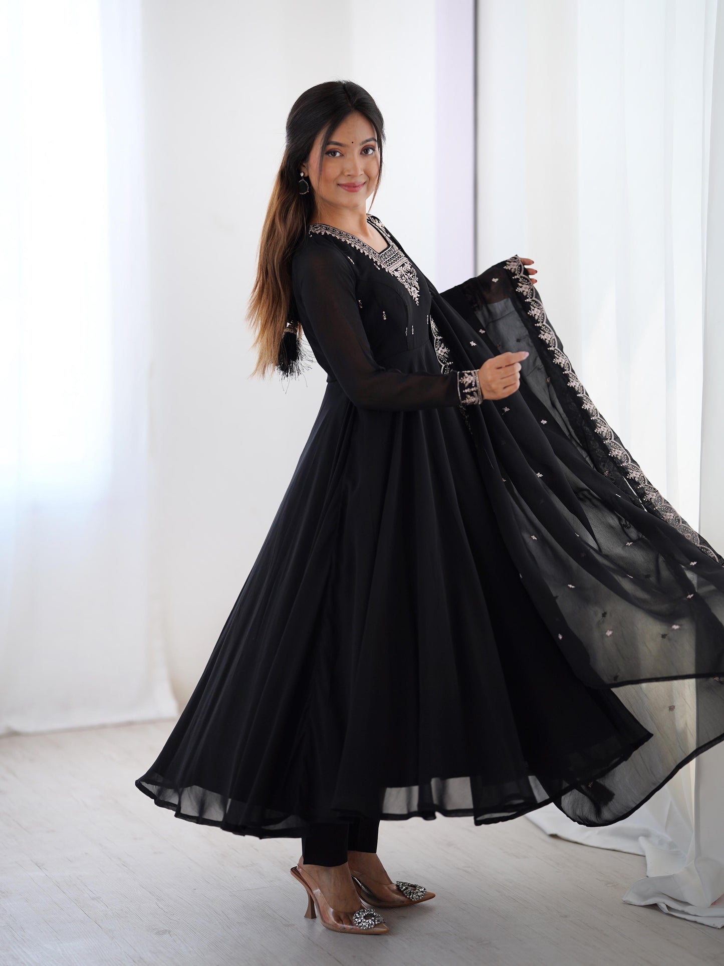 Soft Faux Georgette Black Beauty Anarkali Flair Party Wear Kurti Pant Dupatta Set (Ready to Wear) - Premium from Ethenika.com - Just INR 3990! Shop now at Ethenika.com