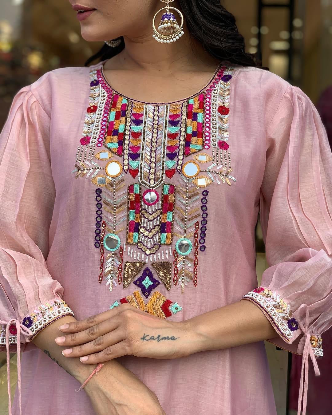 Premium Chanderi Neck Work Summer Special Kurti Pant Dupatta Set (Stitched) - Premium from Ethenika.com - Just INR 1990! Shop now at Ethenika.com