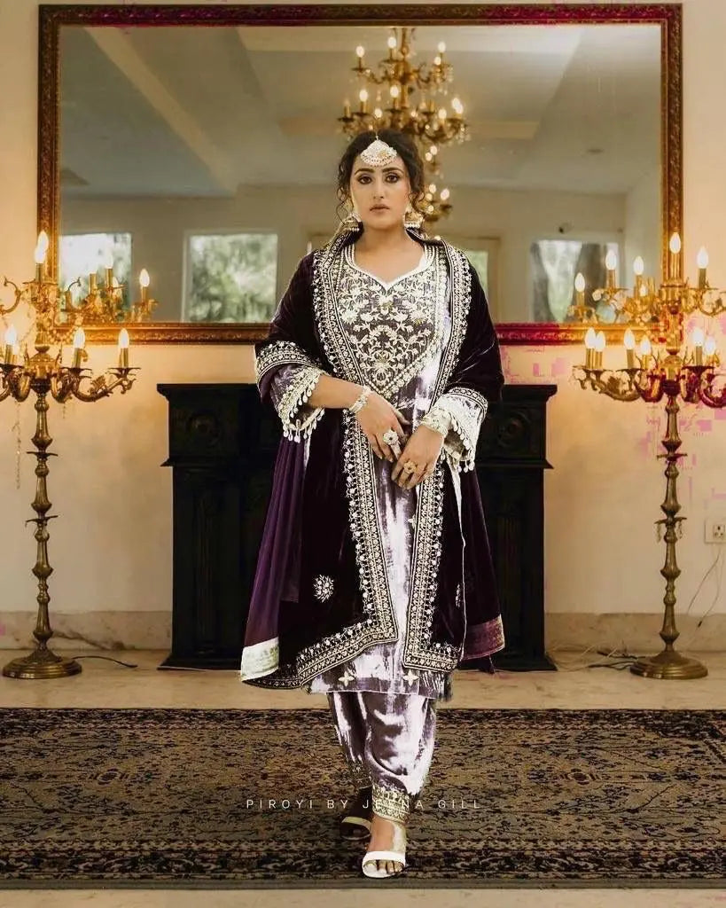 Thread Embroidery work Winter Velvet Suit (Stitched) - Premium from Ethenika.com - Just INR 2590! Shop now at Ethenika.com