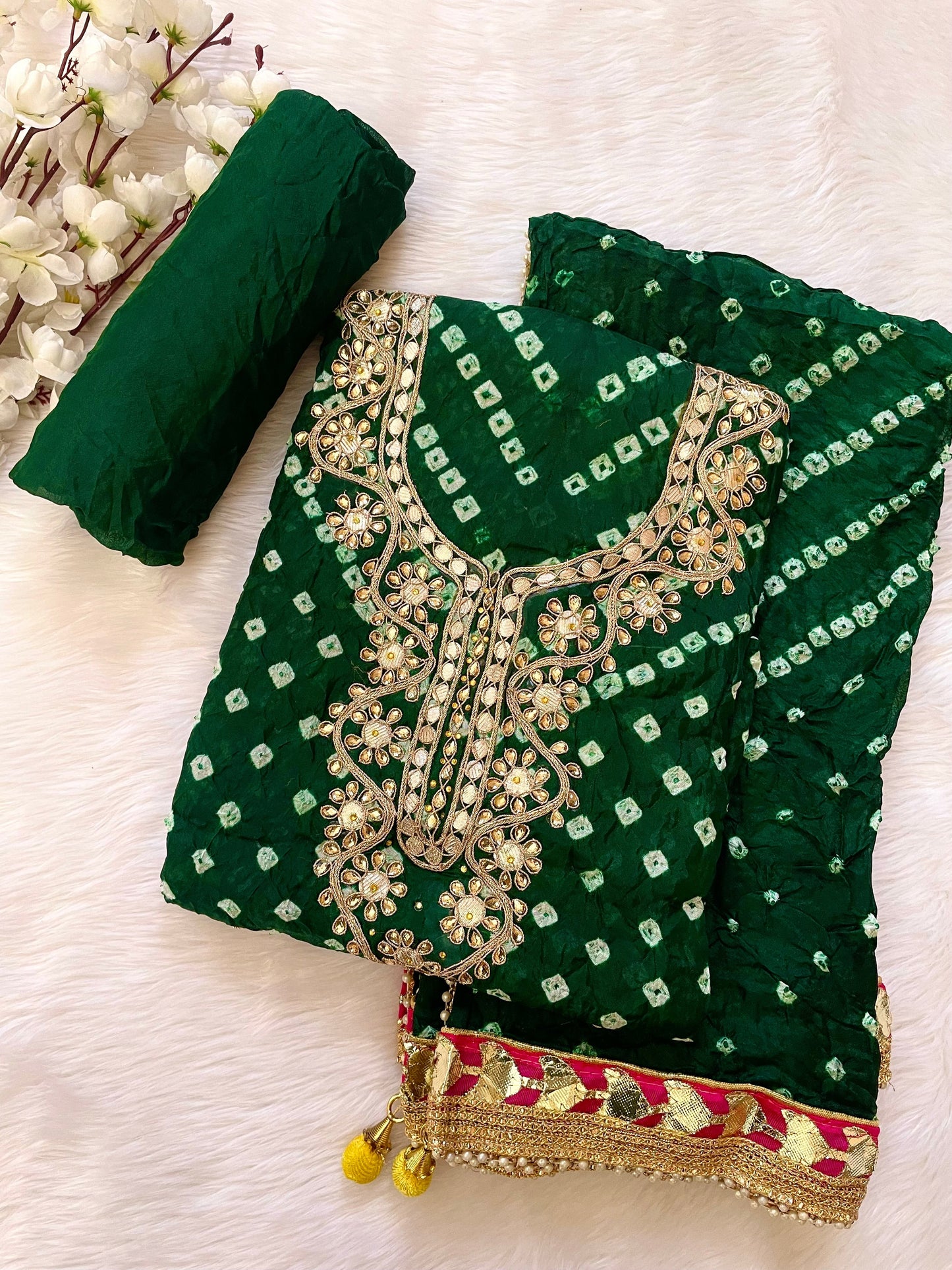 Silk Fabric Neck work with Fumka Work Dupatta Bandhani Dress Material ( Unstitched) - Premium from Ethenika.com - Just INR 2190! Shop now at Ethenika.com