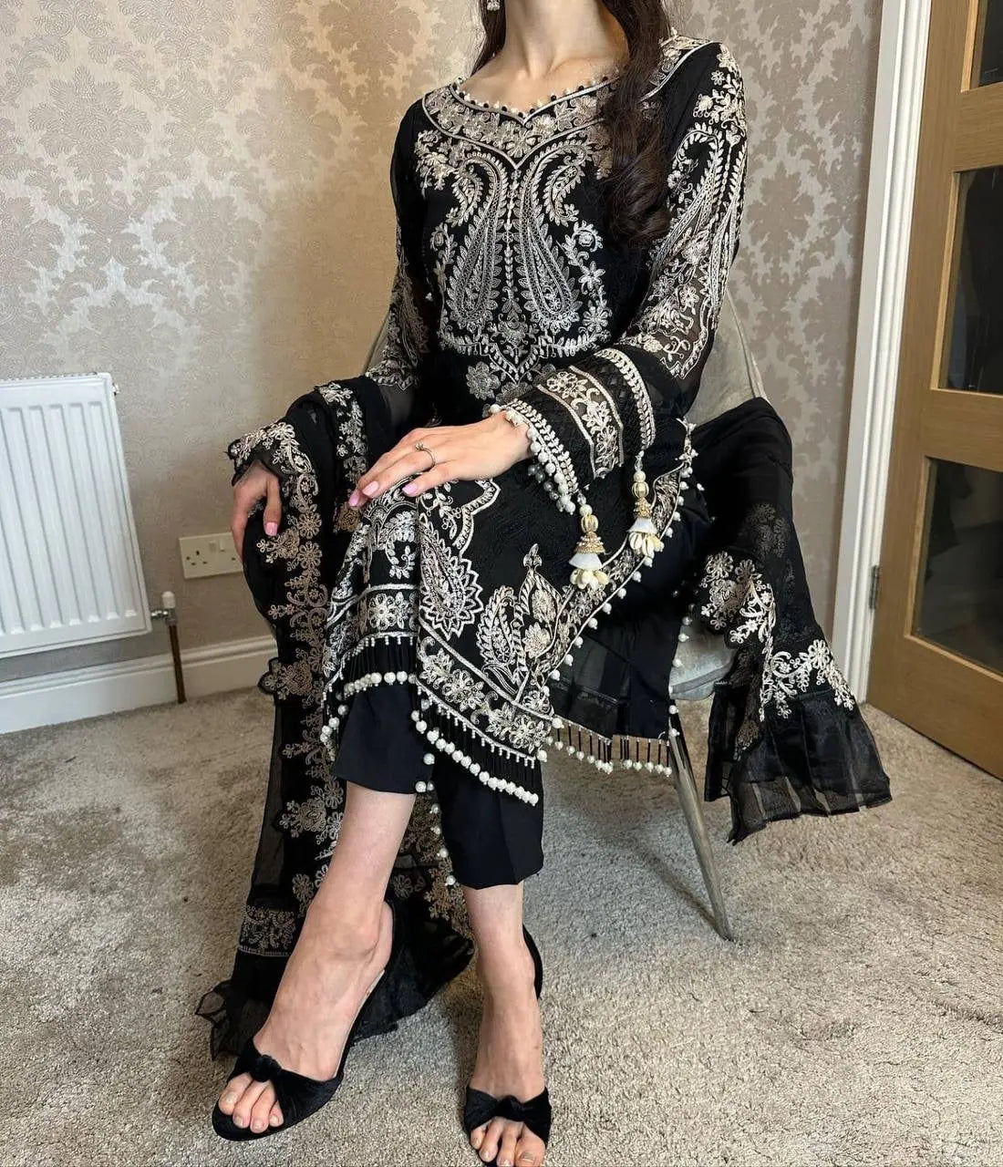 Georgette Zari Embroidery work Long Kurti Palazzo Dupatta Set - Premium from Ethenika.com - Just INR 2890! Shop now at Ethenika.com