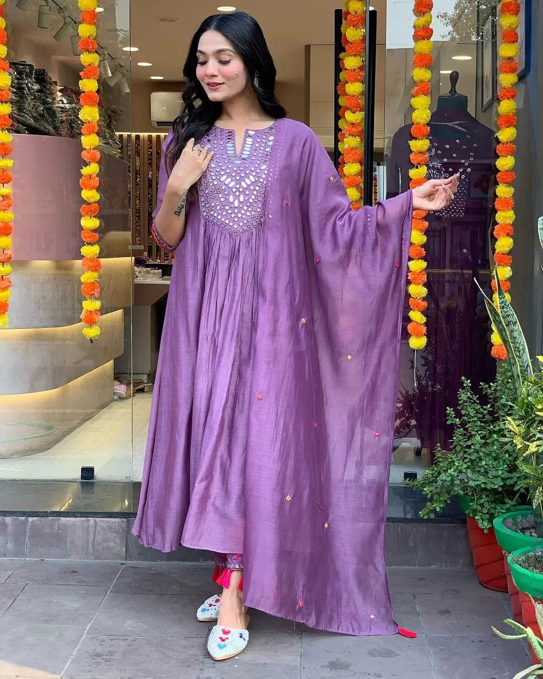 Mal Chanderi Silk Mirror work Alia Cut Kurti Palazzo Dupatta Set (Stitched) - Premium from Ethenika.com - Just INR 2590! Shop now at Ethenika.com