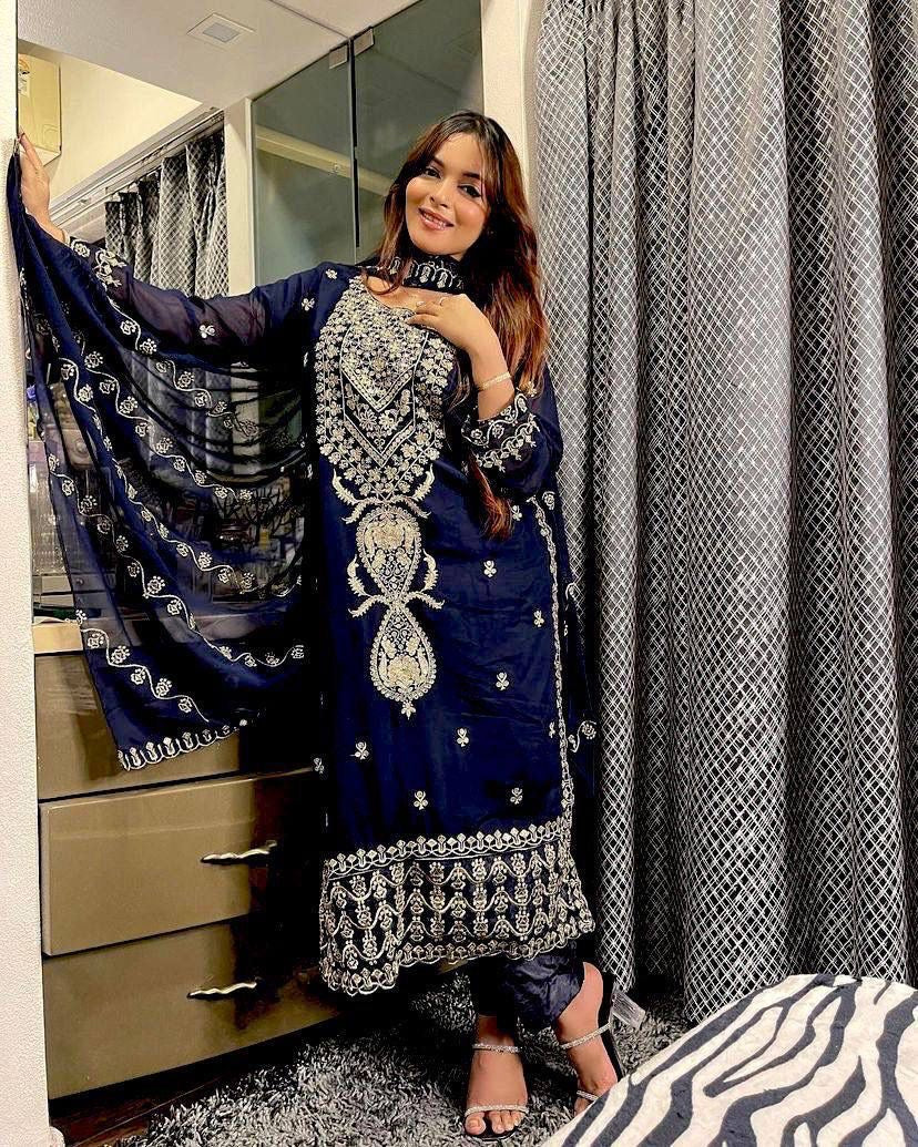 Chinon Silk Sequence Embroidery Work Designer Kurti Pant Dupatta Set (Ready to Wear)