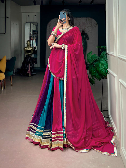 Chinon Chaniya Choli Lehenga with Embossed Lace and Tassel Detailing - Close Up