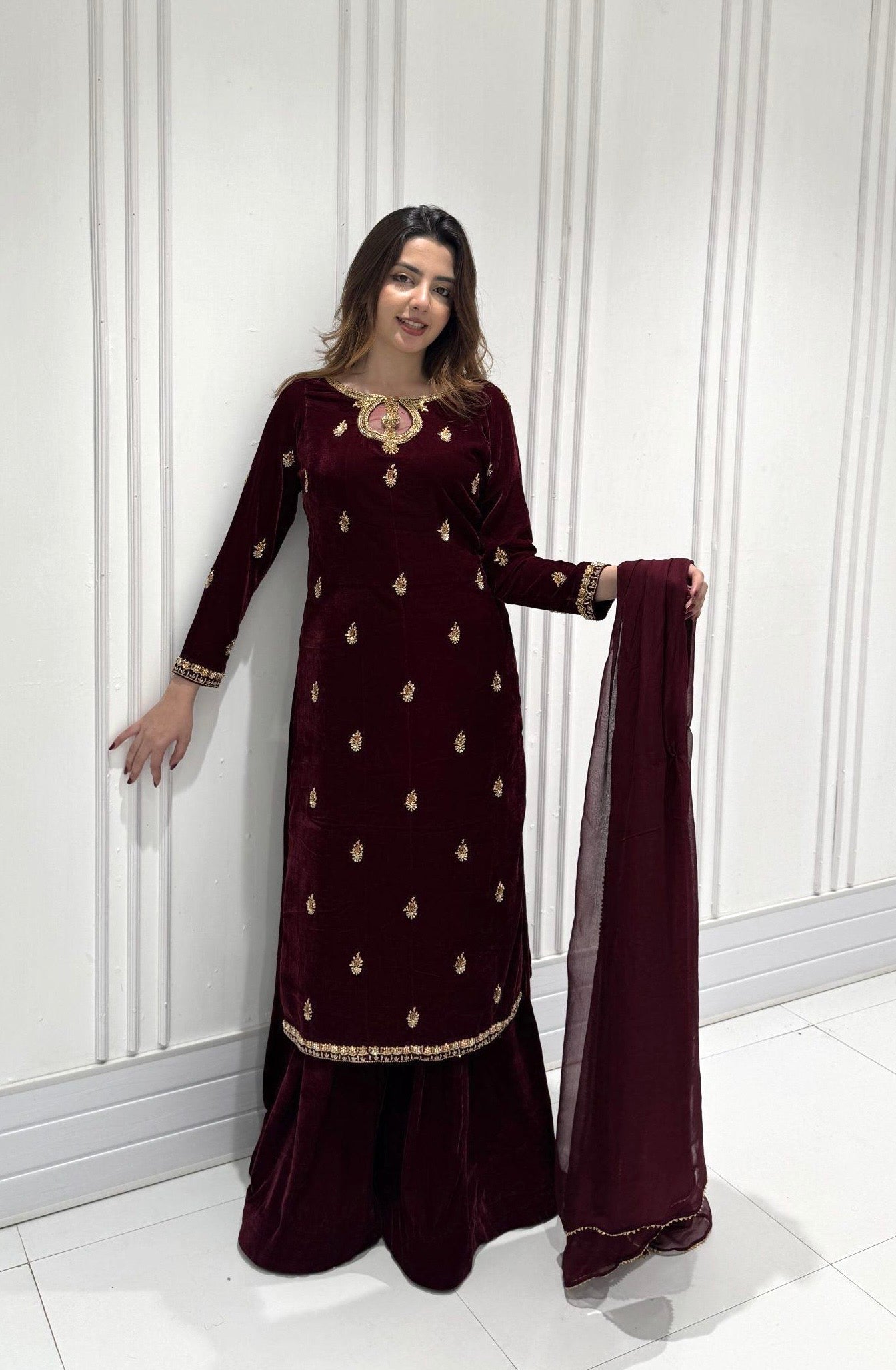 Ethenika Originals Sequence Embroidery Work Velvet Kurti Palazzo Dupatta Set (Ready To Wear)