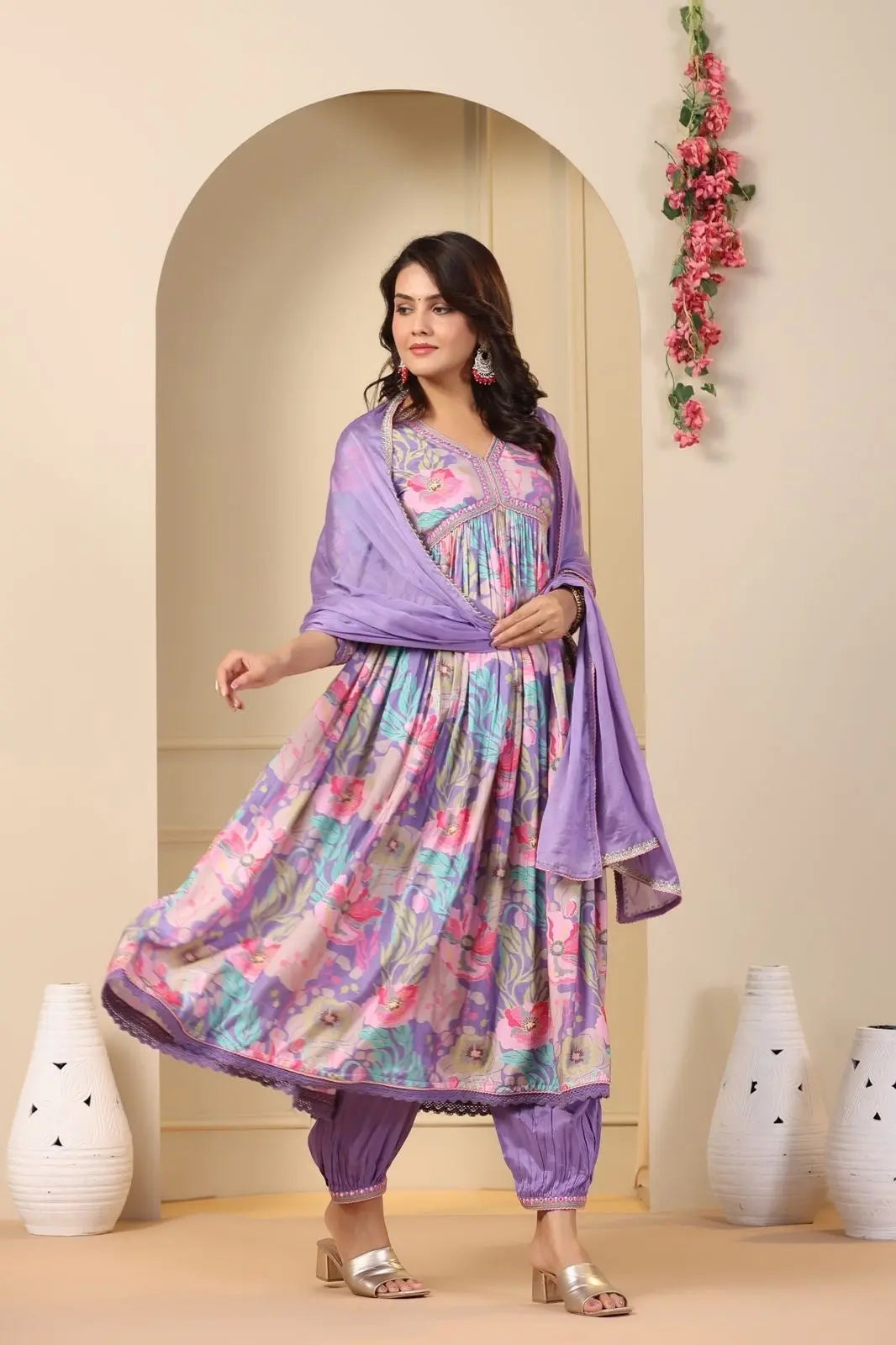 Muslin Alia Cut Zari Embroidery Digital Print work Kurti Pant Set (Stitched) - Premium from Ethenika.com - Just INR 1990! Shop now at Ethenika.com