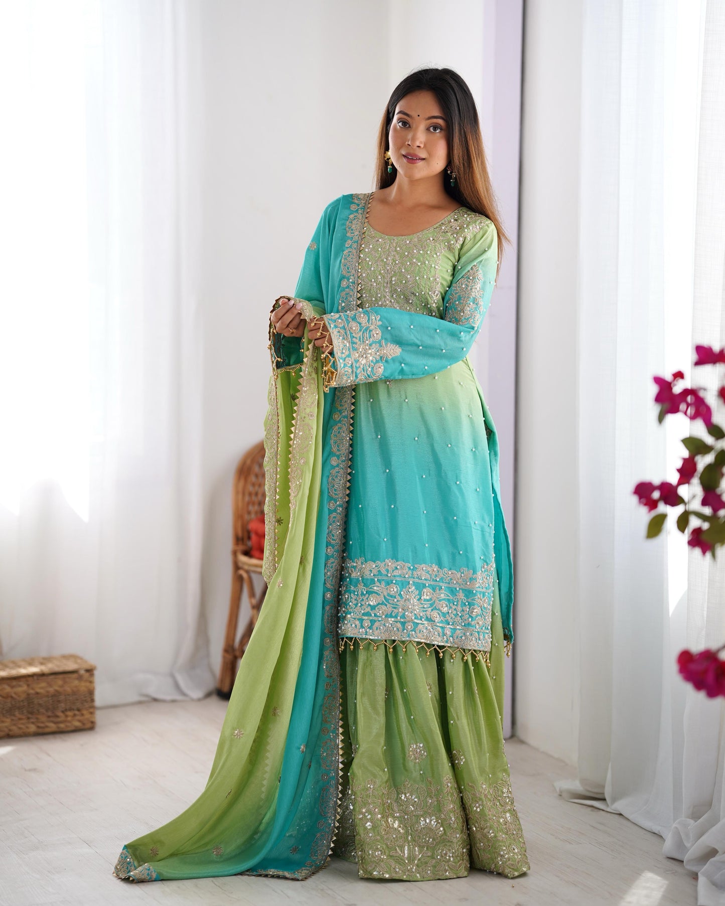 Chinon Silk Real Moti work with Sequence hand embroidery work Kurti Sharara Dupatta Set (Fully Stitched) - Premium from Ethenika.com - Just INR 4990! Shop now at Ethenika.com