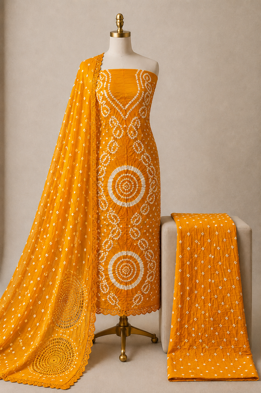 Cotton Satin Authentic Handmade Kutch 3Pc Bandhani Dress Material