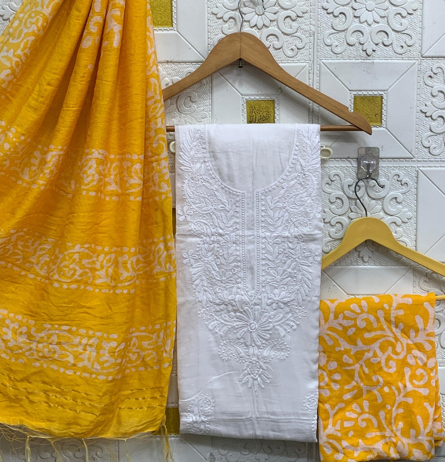 Cotton Lakhnavi Thread work Silk Batik Print Bottom Dupatta Dress Material (Unstitched) - Premium from Ethenika.com - Just INR 1890! Shop now at Ethenika.com