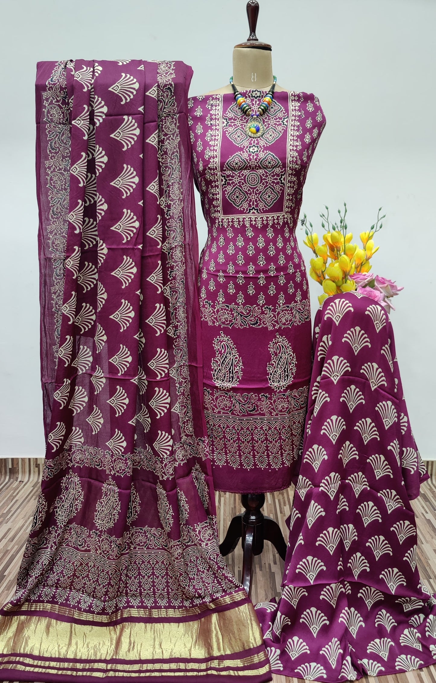 Modal Ghazi Silk Ajrakh Print Dress Material (Unstitched) - Premium from Ethenika.com - Just INR 5990! Shop now at Ethenika.com