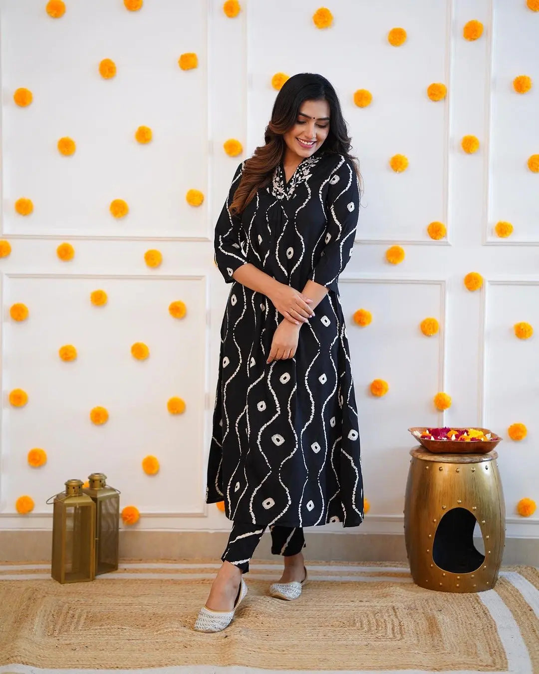Neckline Thread Work Leheriya Kurti Pant Set (Stitched) - Premium from Ethenika.com - Just INR 1990! Shop now at Ethenika.com