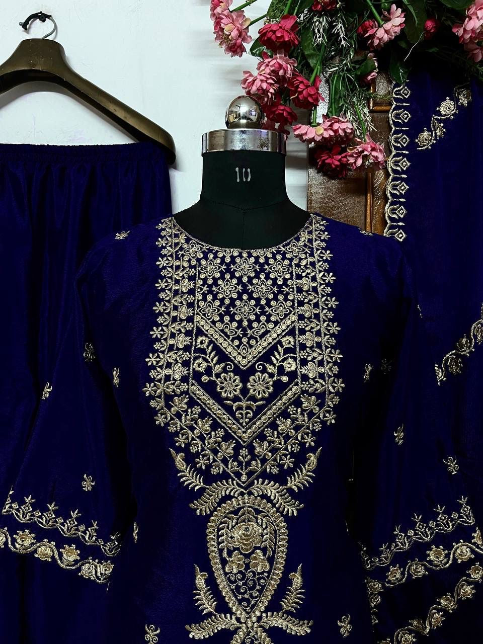Chinon Silk Sequence Embroidery Work Designer Kurti Pant Dupatta Set (Ready to Wear)