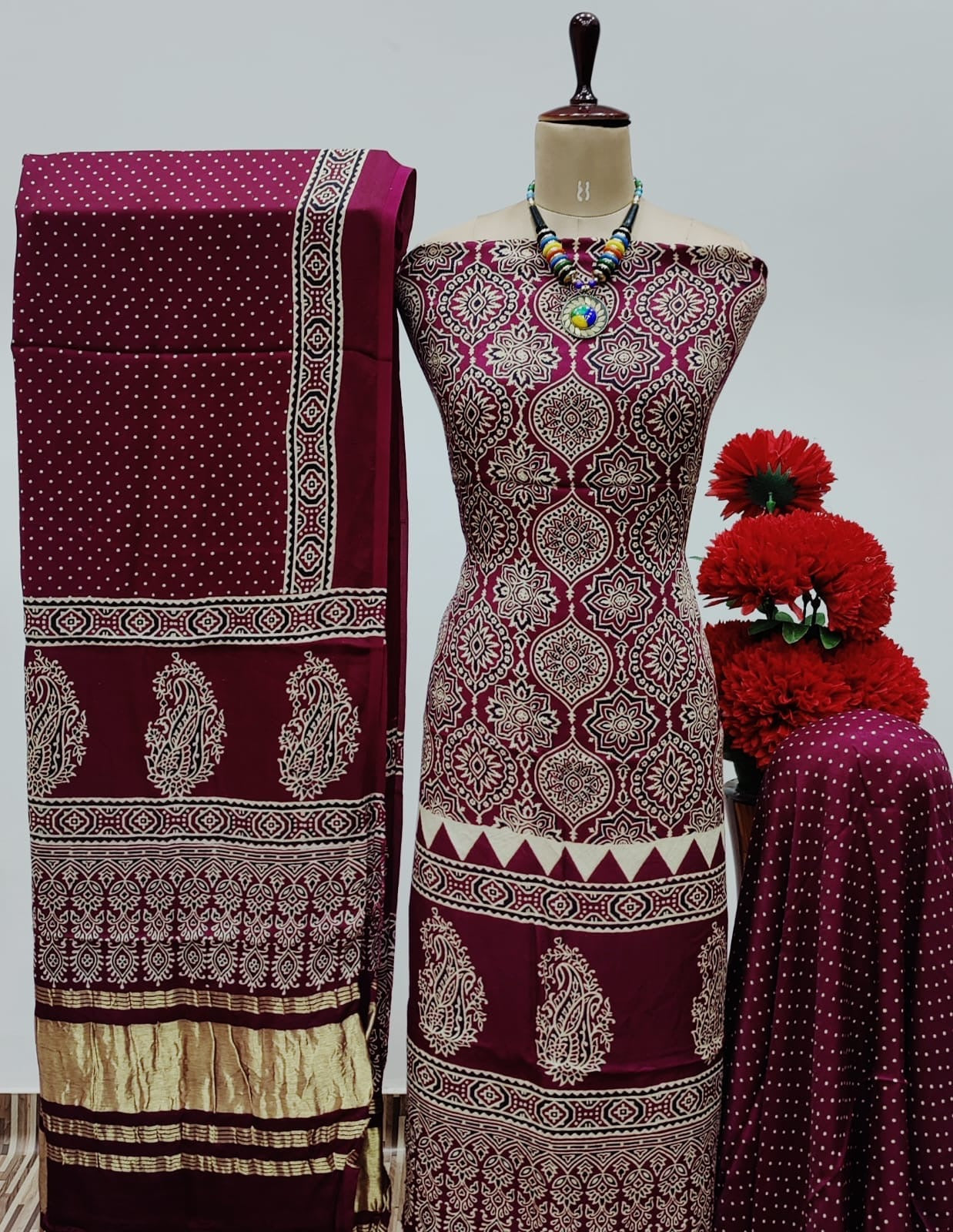 Modal Ghazi Silk Original Hand Blocked Ajrakh Print Dress Material (Unstitched) - Premium from Ethenika.com - Just INR 5990! Shop now at Ethenika.com
