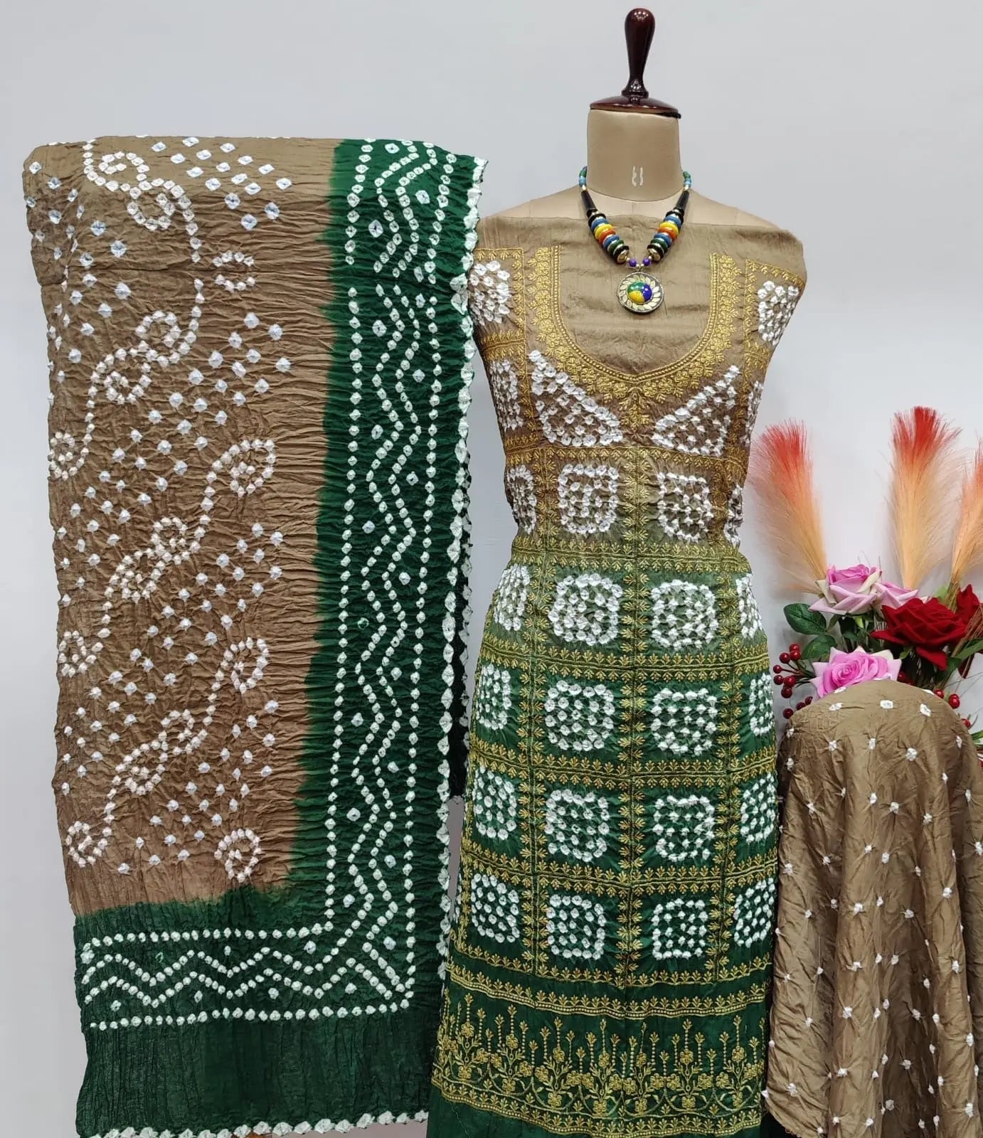 Cotton Satin Golden Thread Embroidery 3pc Kutch Bandhani Salwar Dress Material - Premium  from Ethenika.com - Just INR 2190! Shop now at Ethenika.com
