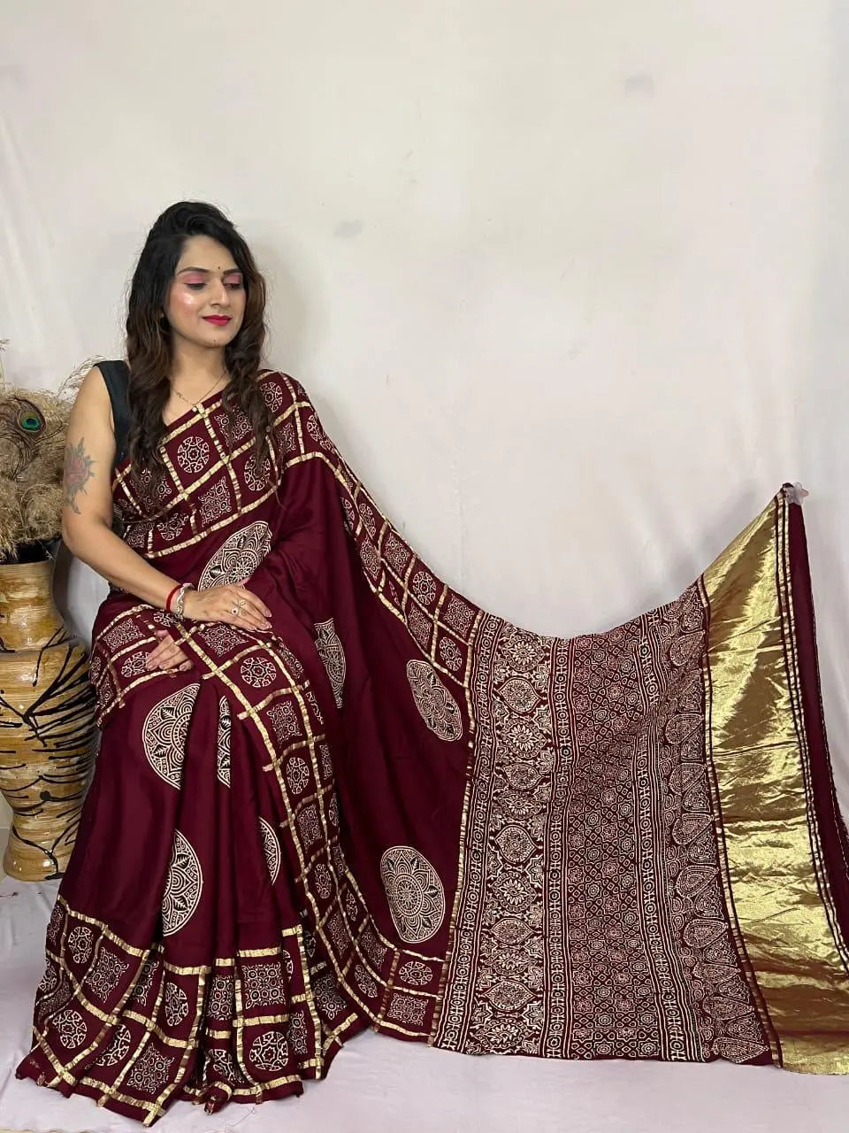 Modal Silk Original Hand Blocked Ajrakh work Lagdi Pallu Saree - Premium from Ethenika.com - Just INR 5990! Shop now at Ethenika.com