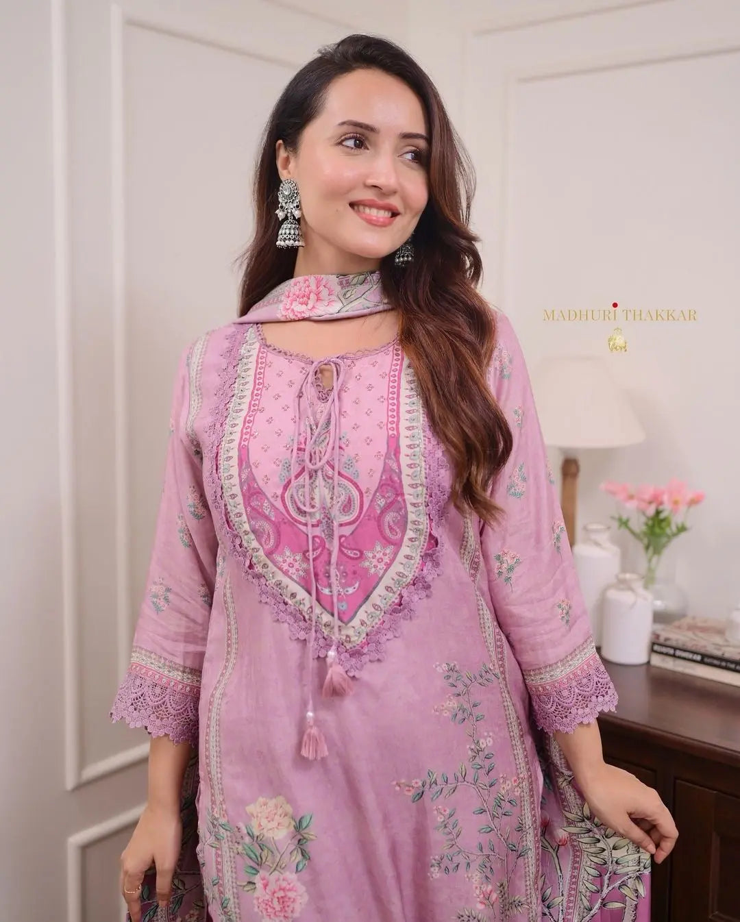 Lilac Muslin Floral Digital Printed Pakistani Kurti Pant Dupatta Set - Premium from Ethenika.com - Just INR 2490! Shop now at Ethenika.com