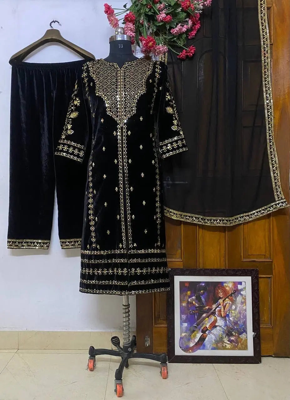 Sequence Embroidery work Pakistani Velvet Kurti Pant Dupatta Set (Stitched) - Premium from Ethenika.com - Just INR 3190! Shop now at Ethenika.com