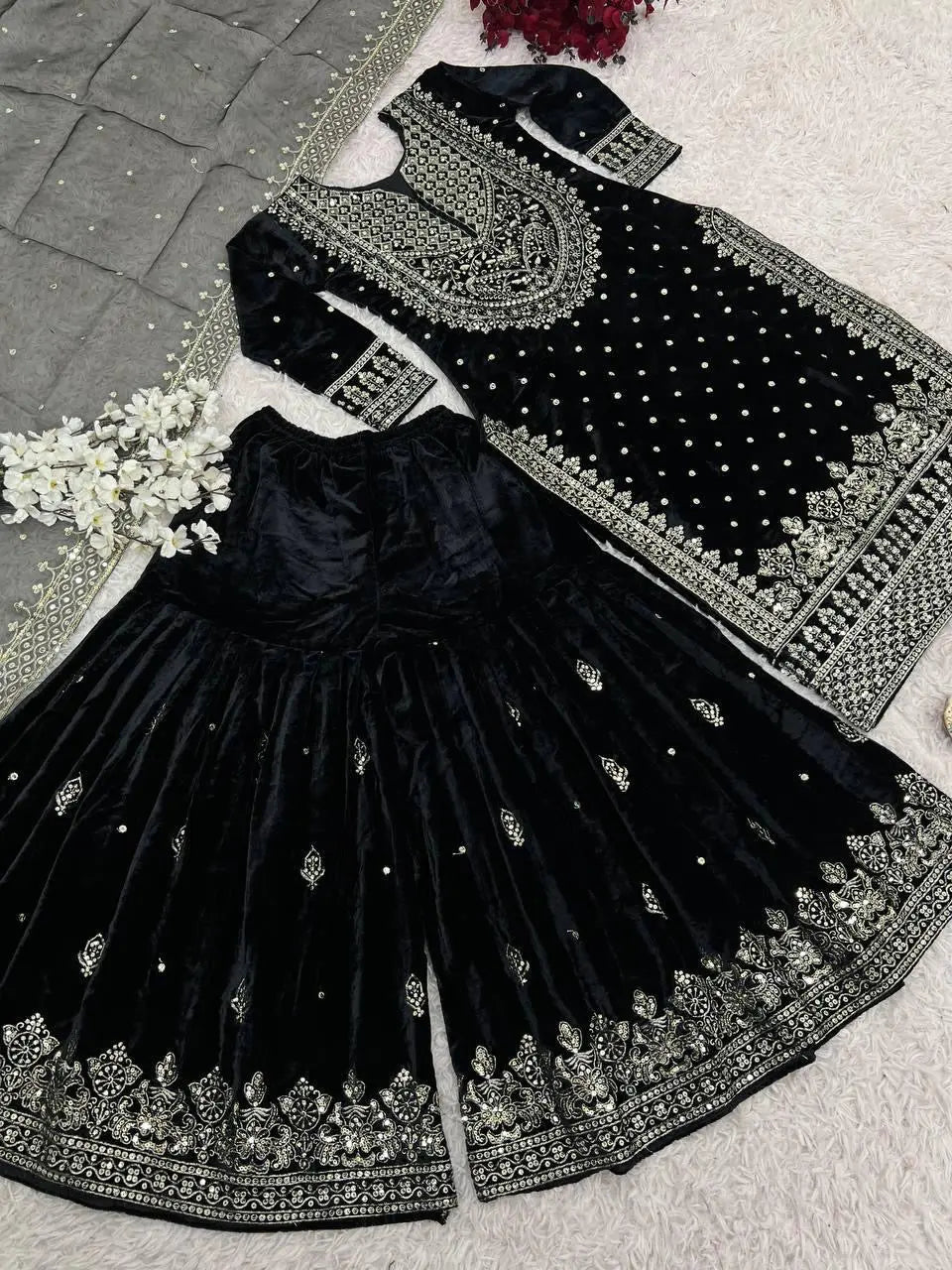 Ethenika Silver Thread Embroidery work Reasdy to wear Velvet Kurti Sharar Set - Premium from Ethenika.com - Just INR 4990! Shop now at Ethenika.com