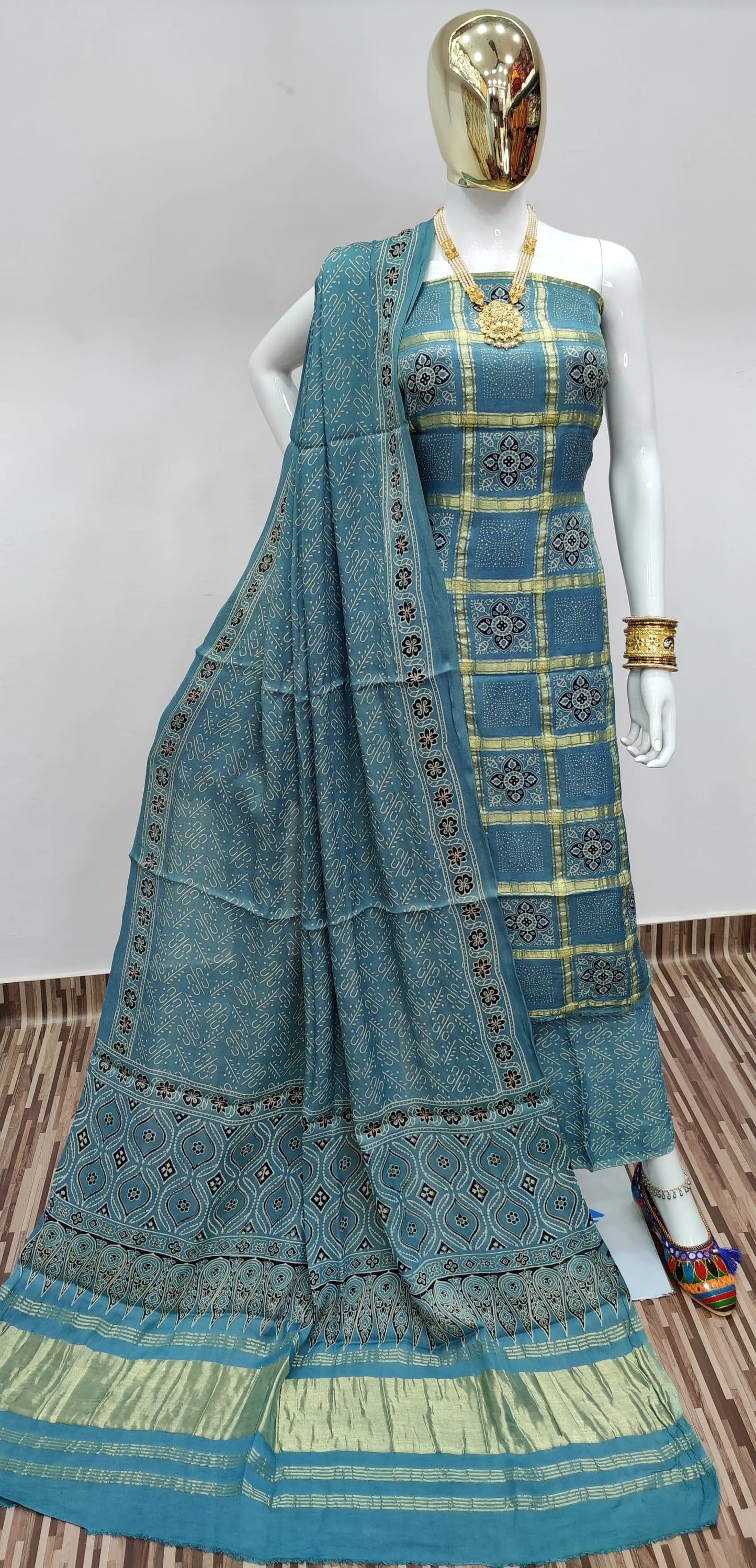 Ghazi Silk Golden Chex Hand print dress material - Premium from Ethenika.com - Just INR 6999! Shop now at Ethenika.com