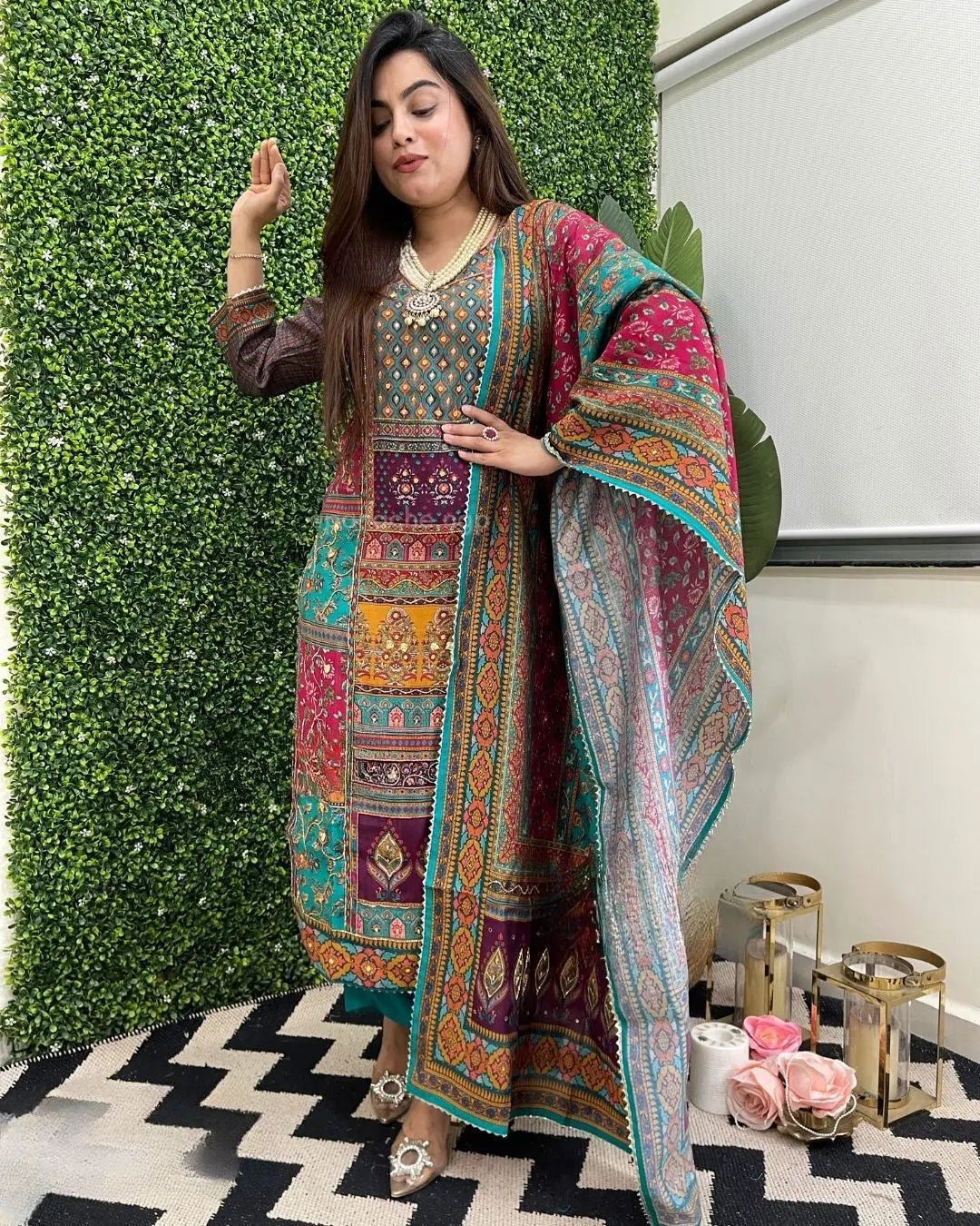 Muslin Real Mirror work Digital Print Party wear Kurti Pant Dupatta set - Premium from Ethenika.com - Just INR 2790! Shop now at Ethenika.com