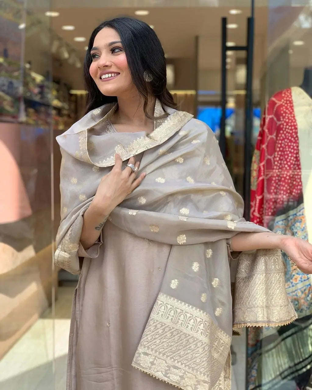 Roman Silk Jeckard Hand work Zari Weaving work Kurti Pant Dupatta Set (Stitched) - Premium from Ethenika.com - Just INR 2990! Shop now at Ethenika.com