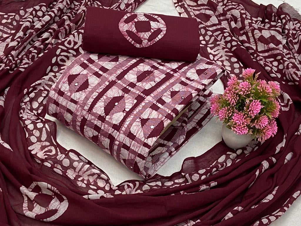 Cotton Mirror work Hand Blocked Batik Material (Unstitched) - Premium from Ethenika.com - Just INR 1490! Shop now at Ethenika.com