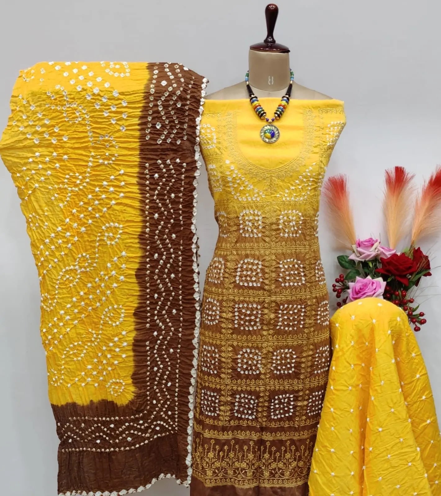 Cotton Satin Golden Thread Embroidery 3pc Kutch Bandhani Salwar Dress Material - Premium  from Ethenika.com - Just INR 2190! Shop now at Ethenika.com