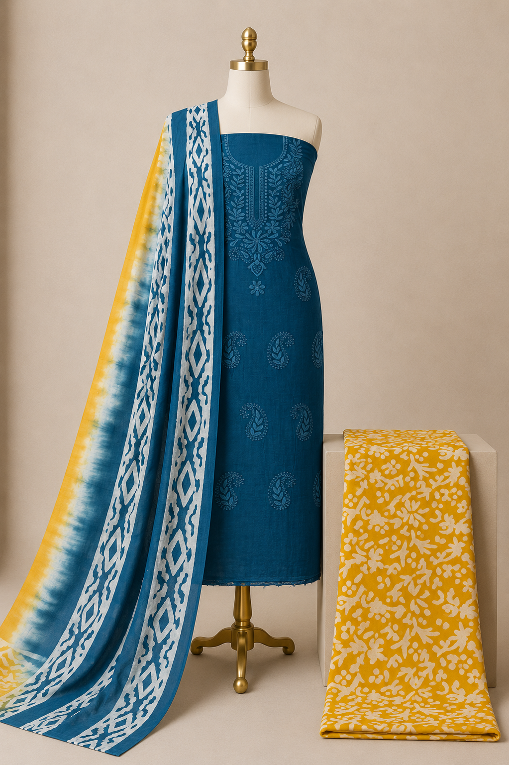 Soft Cotton Lakhnavi Thread Work 3Pc Unstitched Batik Dress Material