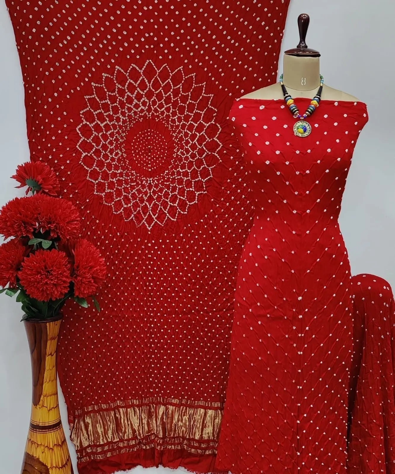 bandhani dress material silk Pure Modal Silk Original Hand Crafted Bandhani Dress Material Unstitched / Red