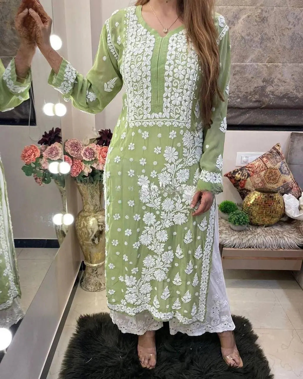 Chikanakri Work Long Kurti Pallazo Set (Stitched) Green - Premium from Ethenika.com - Just INR 2190! Shop now at Ethenika.com