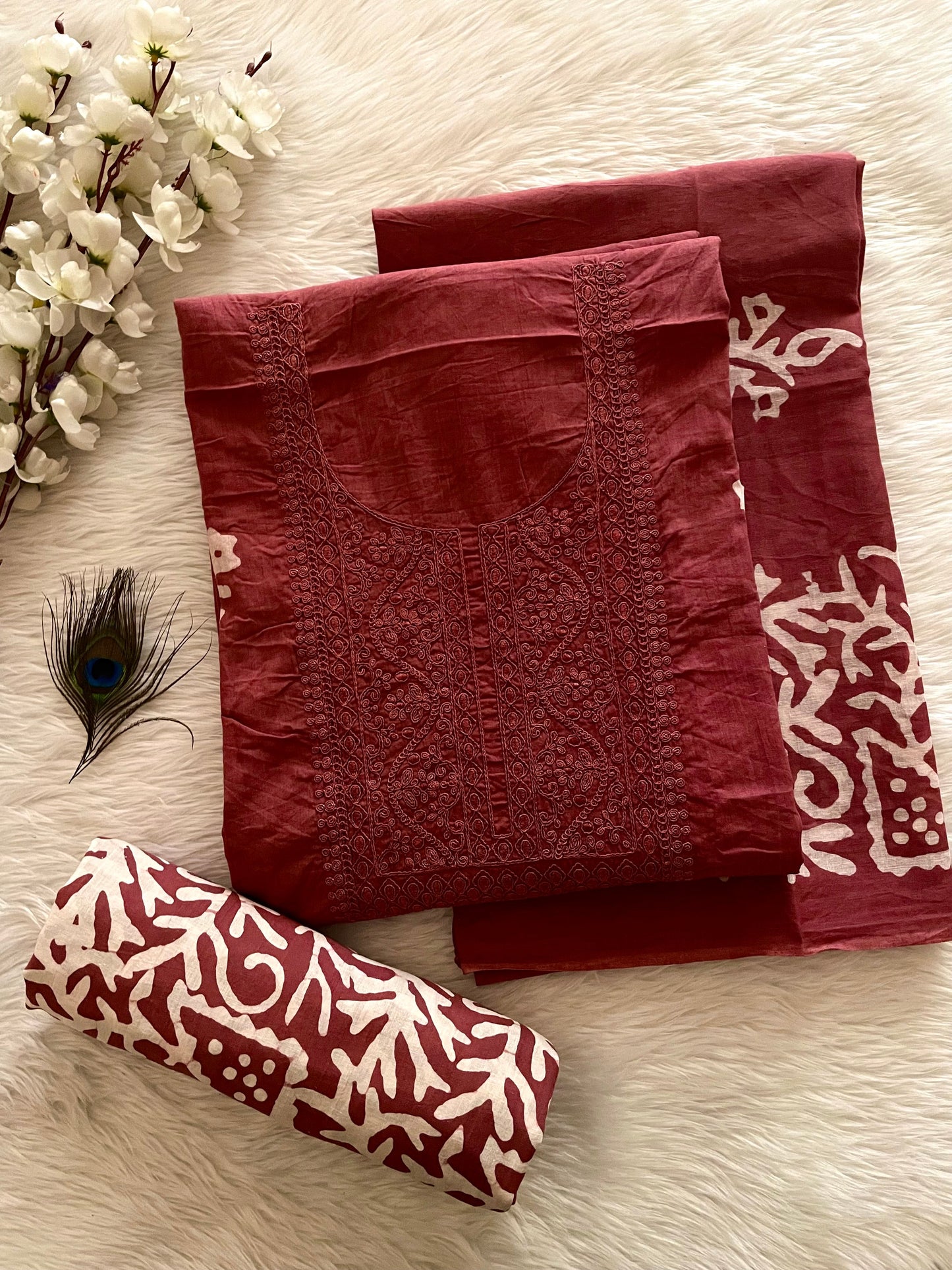 Lakhnavi Thread Work Block Print Batik Dress Material (Unstitched) - Premium from Ethenika.com - Just INR 1990! Shop now at Ethenika.com