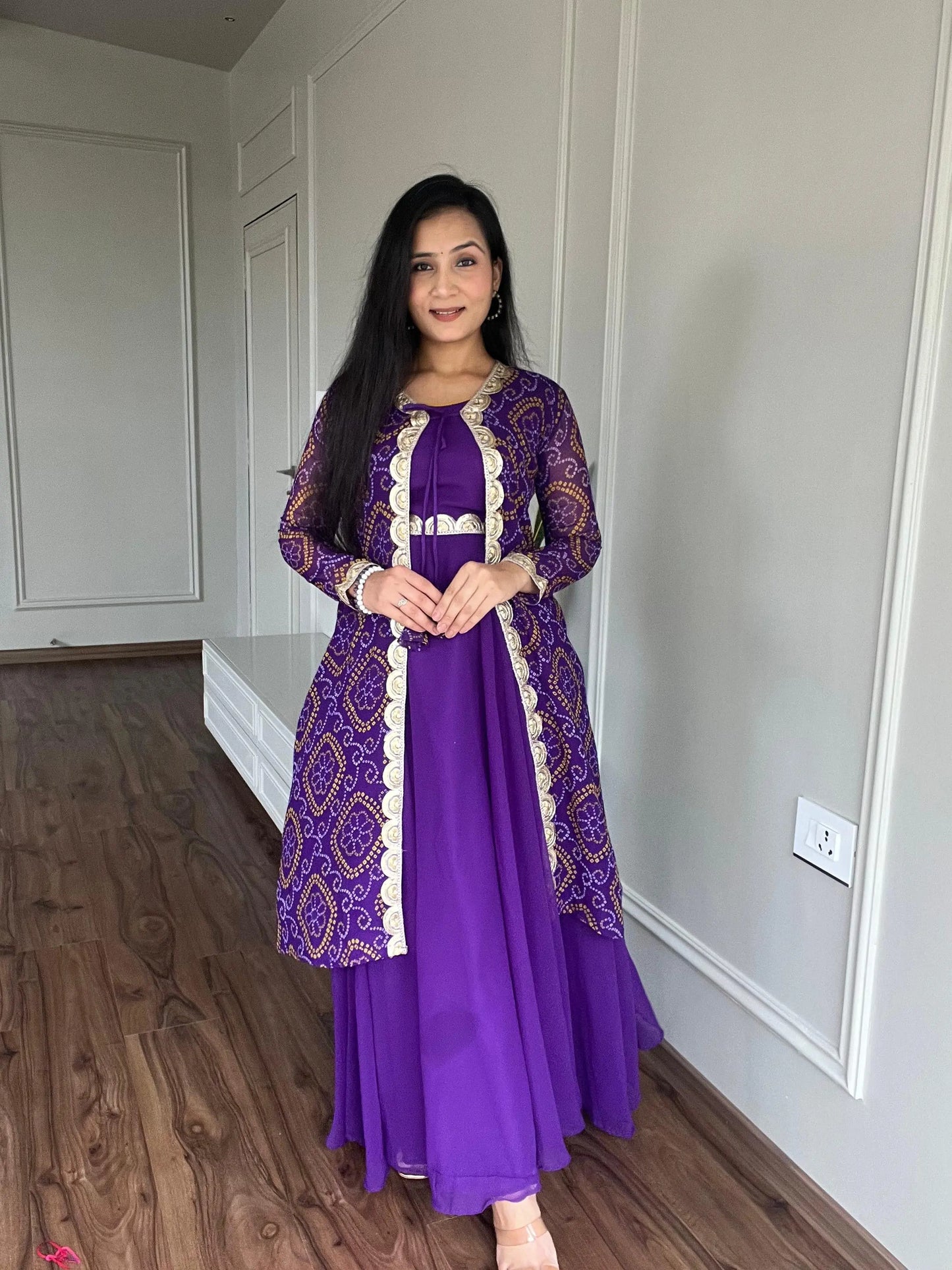 Faux Georgette Bandhani Print Gown Shrug Set - Premium from Ethenika.com - Just INR 2990! Shop now at Ethenika.com