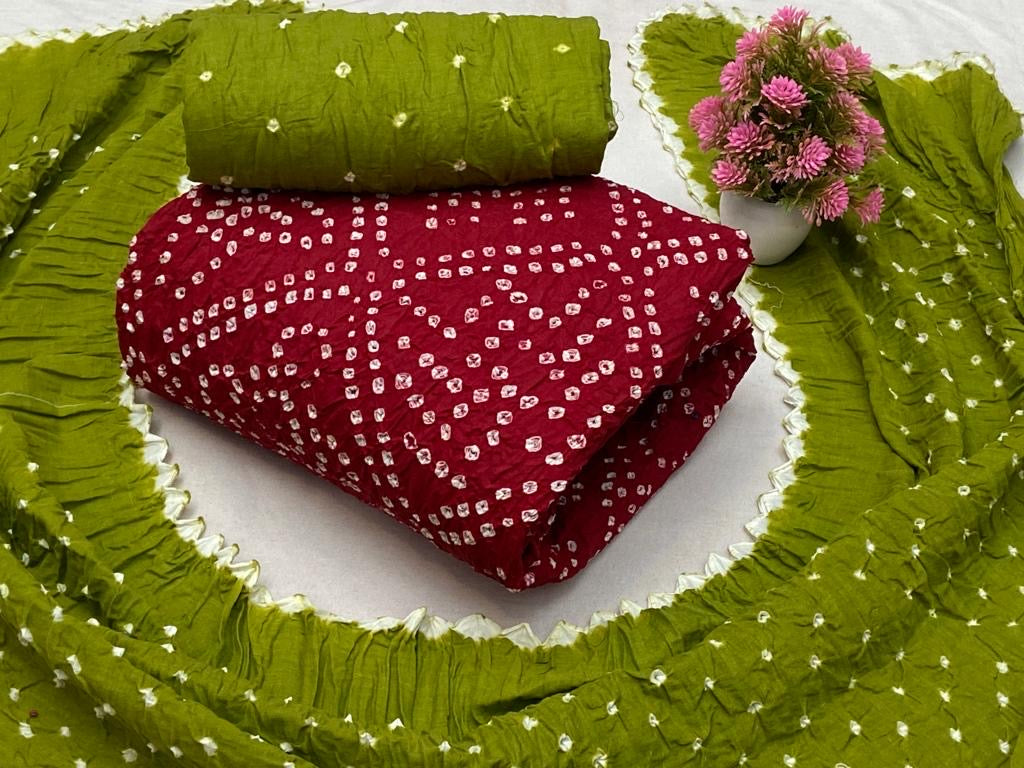 cotton dress material Soft Cotton Dual Contrast Kutch Bandhani Dress Material ( Unstitched)