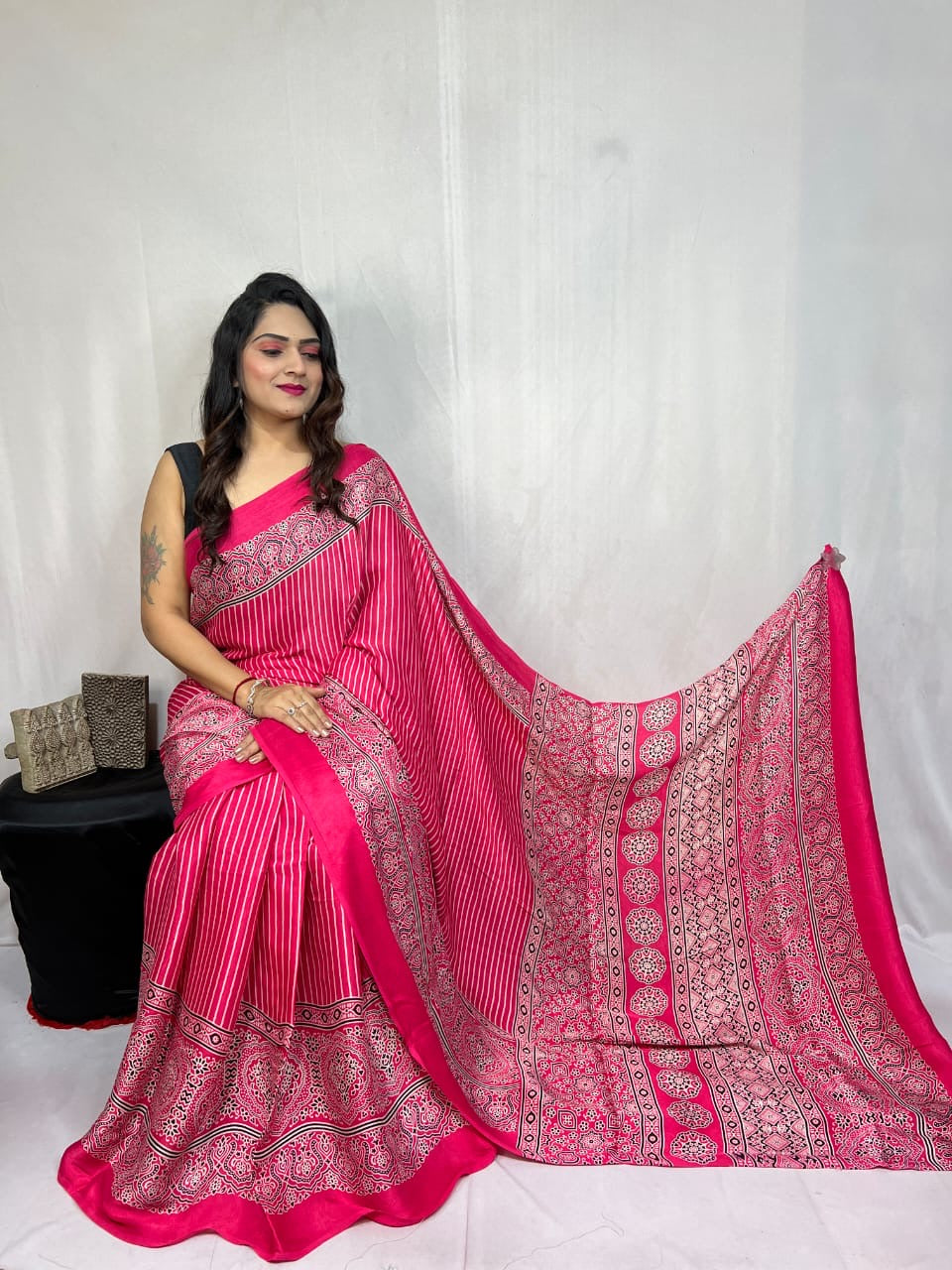 Modal Silk Authentic Hand Blocked Ajrakh work Saree - Premium from Ethenika.com - Just INR 3990! Shop now at Ethenika.com