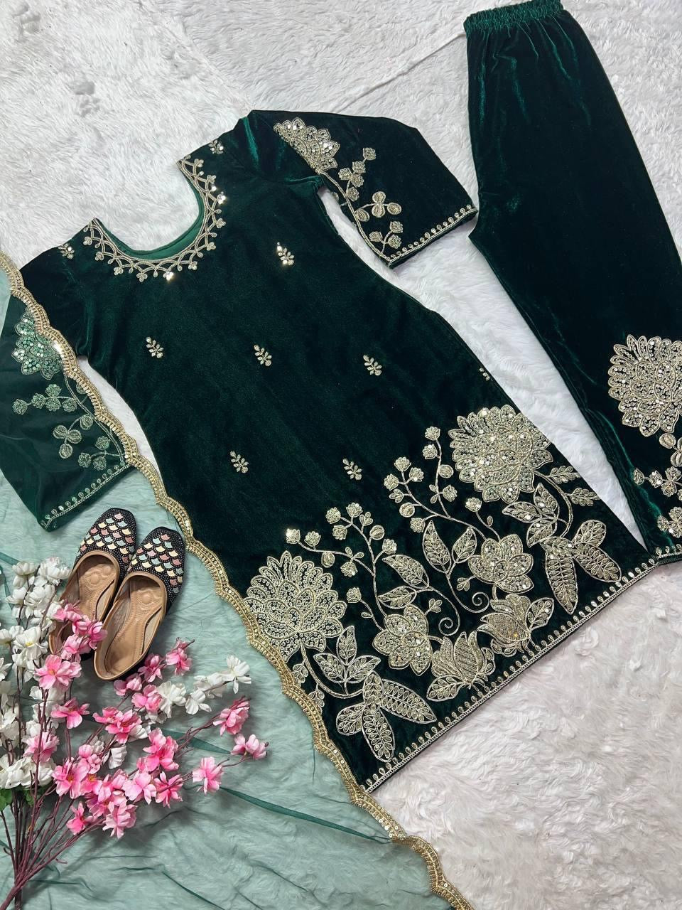 Viscose Embroidery Work Designer Ready to Wear Velvet Kurti Pant Dupatta Set