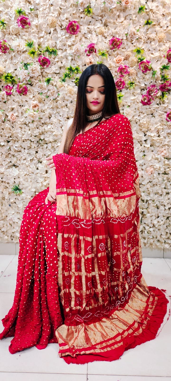 Modal Silk Gharchola Golden Chex work Jamnagar Bandhani Saree
