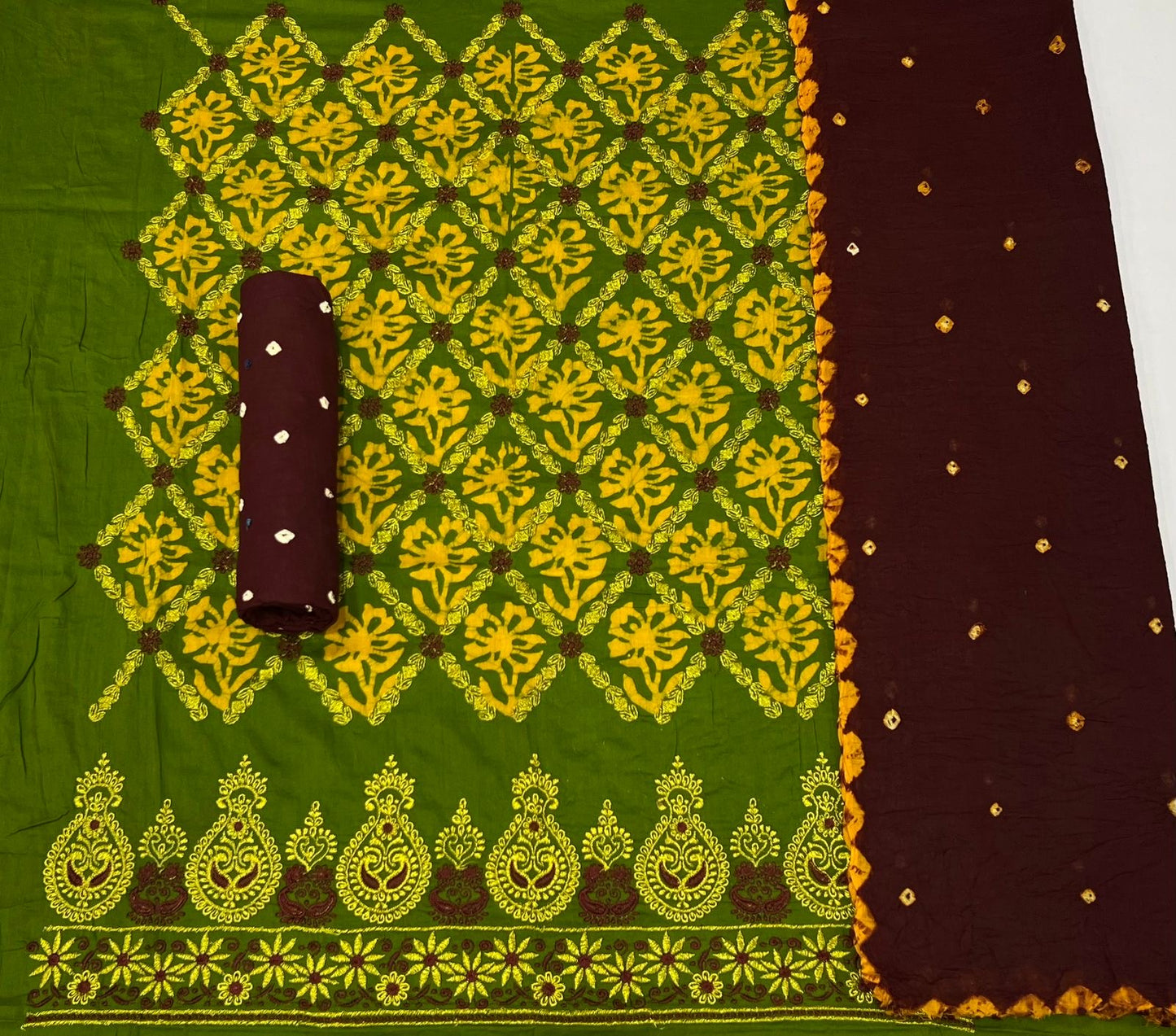 Cotton Kasab work Hand Blocked Batik and bandhani Dress Material - Premium from Ethenika.com - Just INR 1690! Shop now at Ethenika.com