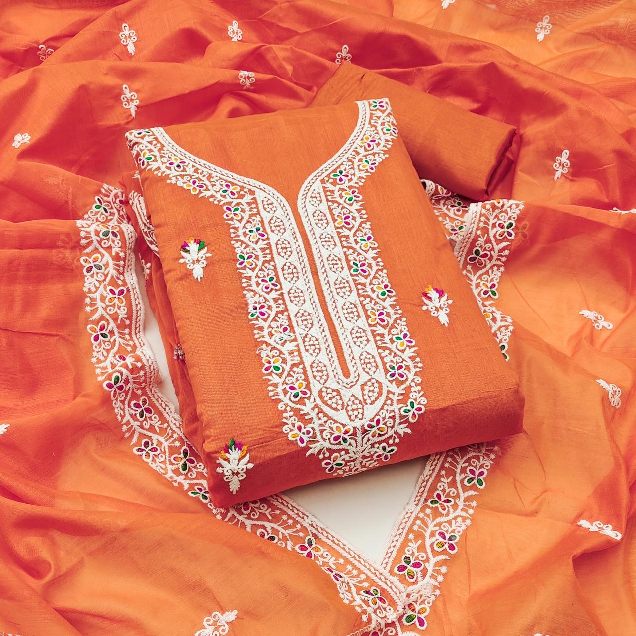 Heavy Chanderi Neck Embroidery work Dress Material (Unstitched) - Premium from Ethenika.com - Just INR 0! Shop now at Ethenika.com