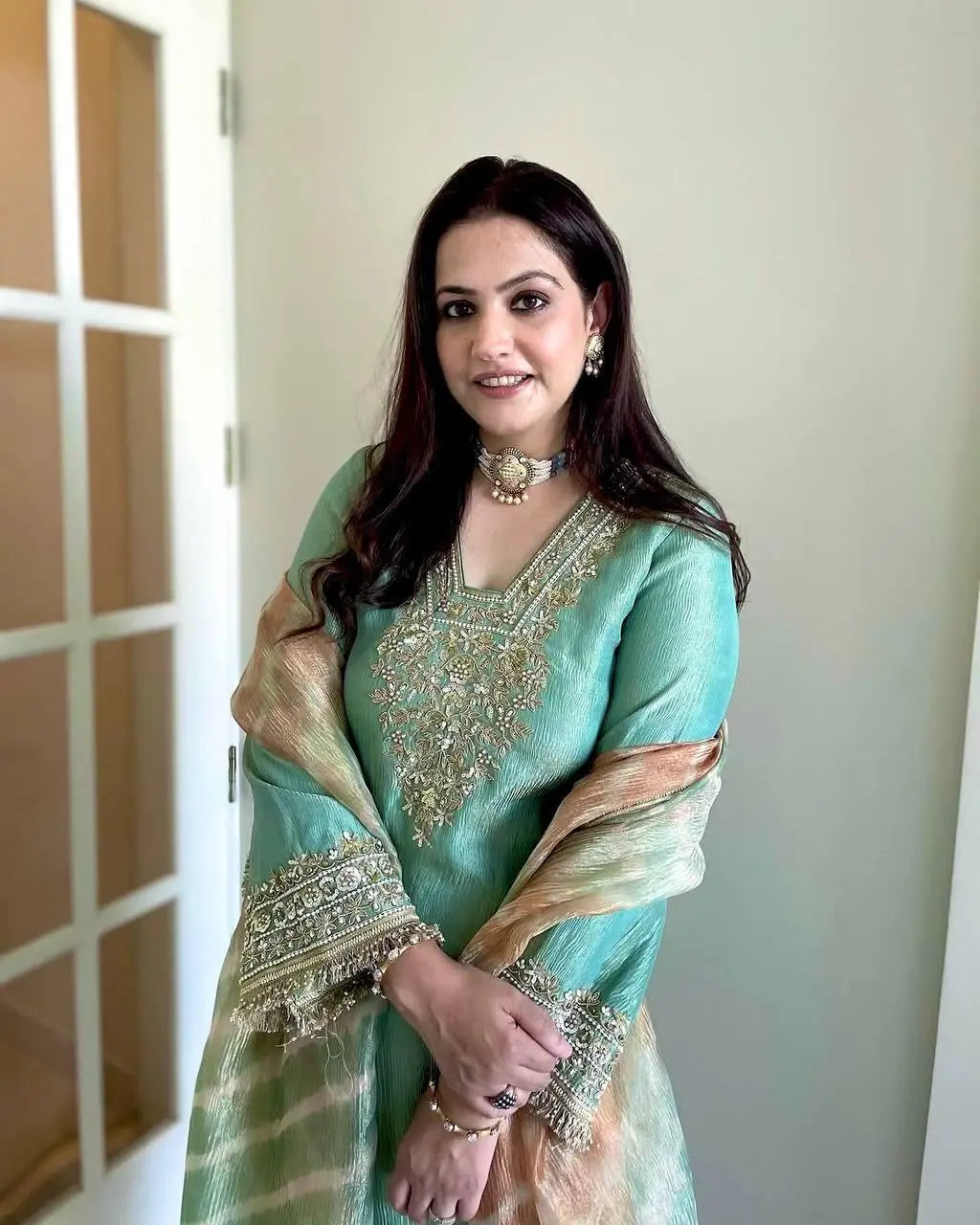 Ethenika Silk Designer Moti Work Party Wear Kurti Pant Dupatta Set (Fully Stitched) - Premium from Ethenika.com - Just INR 3990! Shop now at Ethenika.com