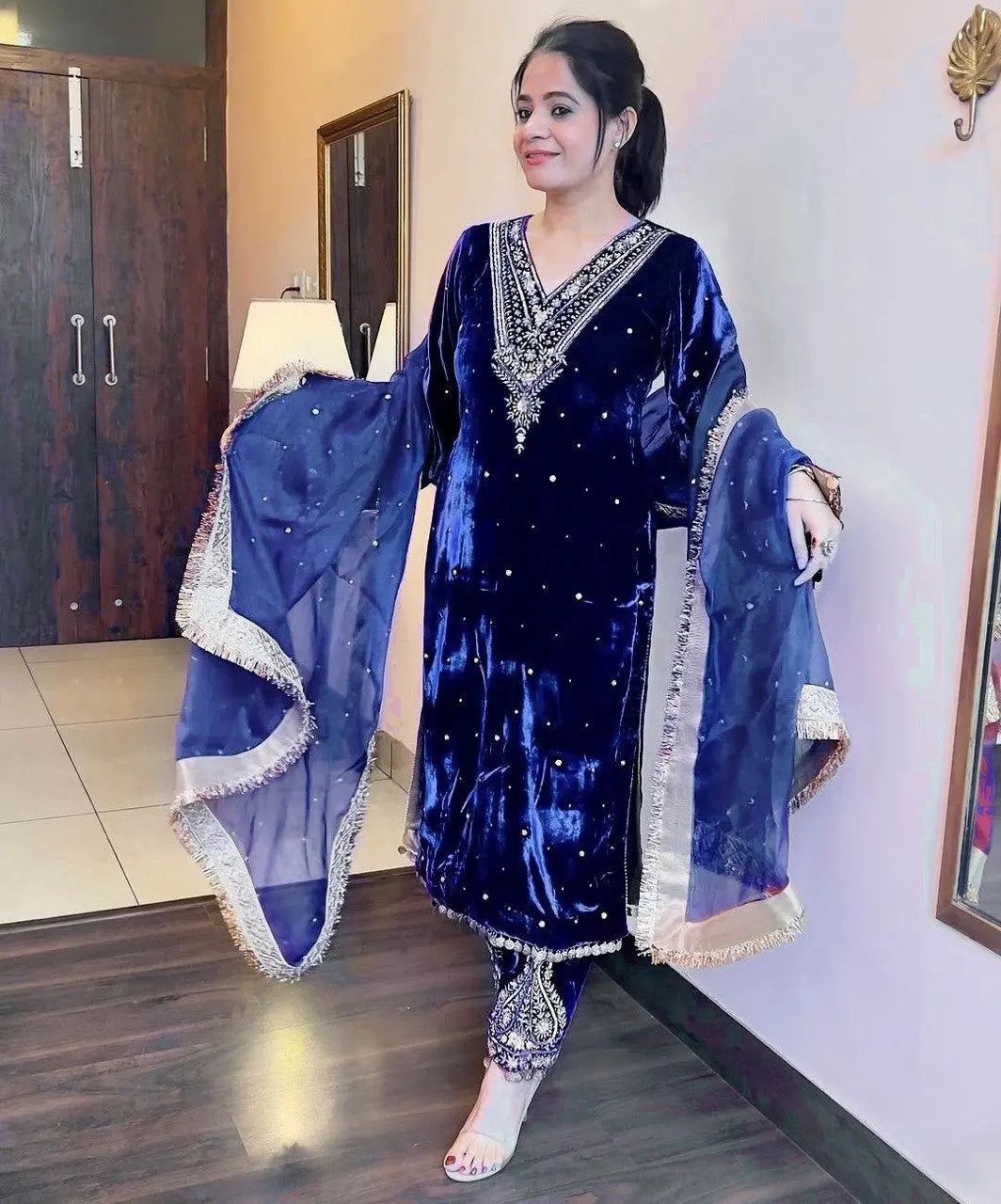 Winter Velvet Embroided Kurti Pant Dupatta Set - Premium  from Ethenika.com - Just INR 2590! Shop now at Ethenika.com