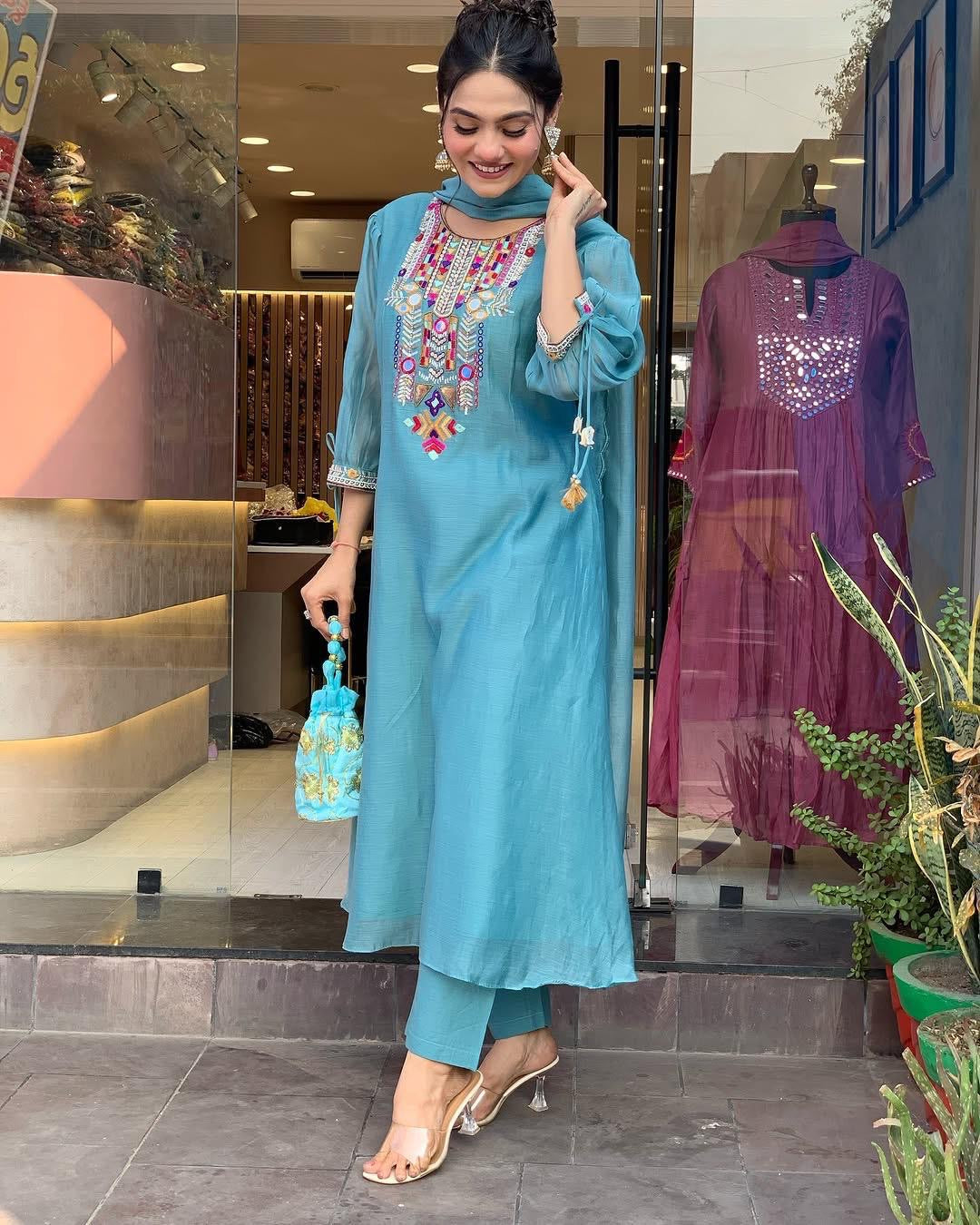 Premium Chanderi Neck Work Summer Special Kurti Pant Dupatta Set (Stitched) - Premium from Ethenika.com - Just INR 1990! Shop now at Ethenika.com