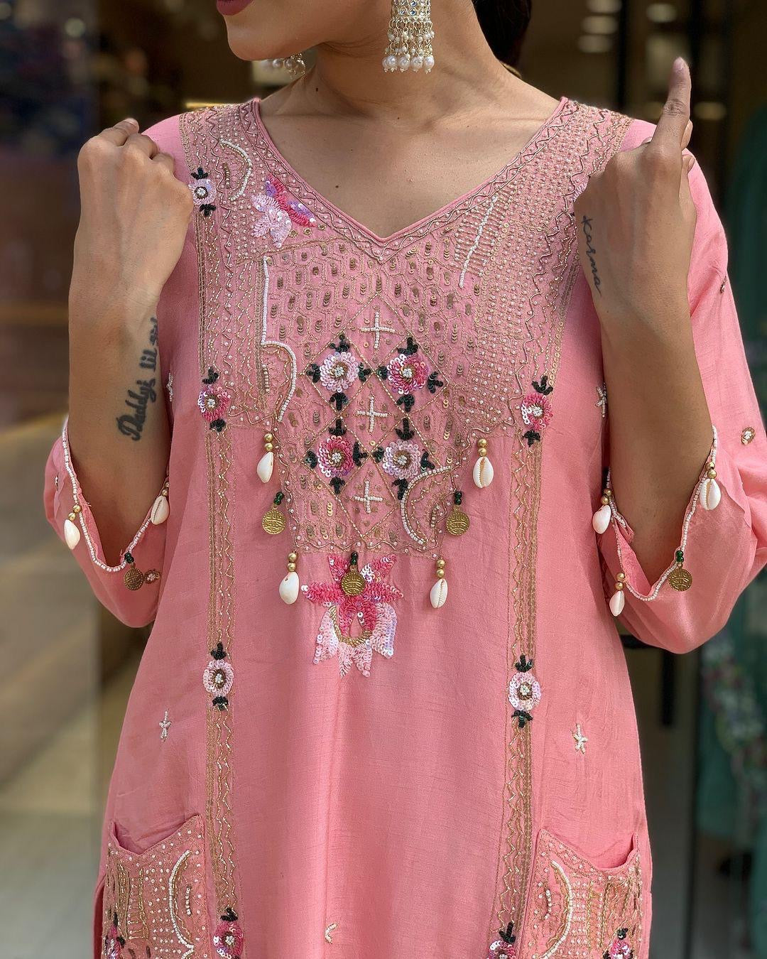 Roman Silk Original Kodi work with Hand Stone Thread Embroidery Work Summer Special Kurti Pant Dupatta Set (Fully Stitched) - Premium from Ethenika.com - Just INR 2990! Shop now at Ethenika.com