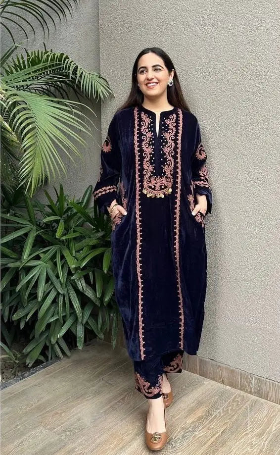 Designer Embroidery work Velvet Kurti Pant Set (Ready to wear) - Premium from Ethenika.com - Just INR 2990! Shop now at Ethenika.com