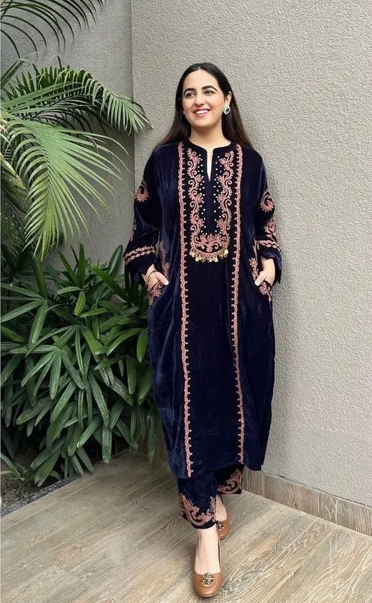 Designer Embroidery work Velvet Kurti Pant Set (Ready to wear) - Premium  from Ethenika.com  - Just INR 2990! Shop now at Ethenika.com