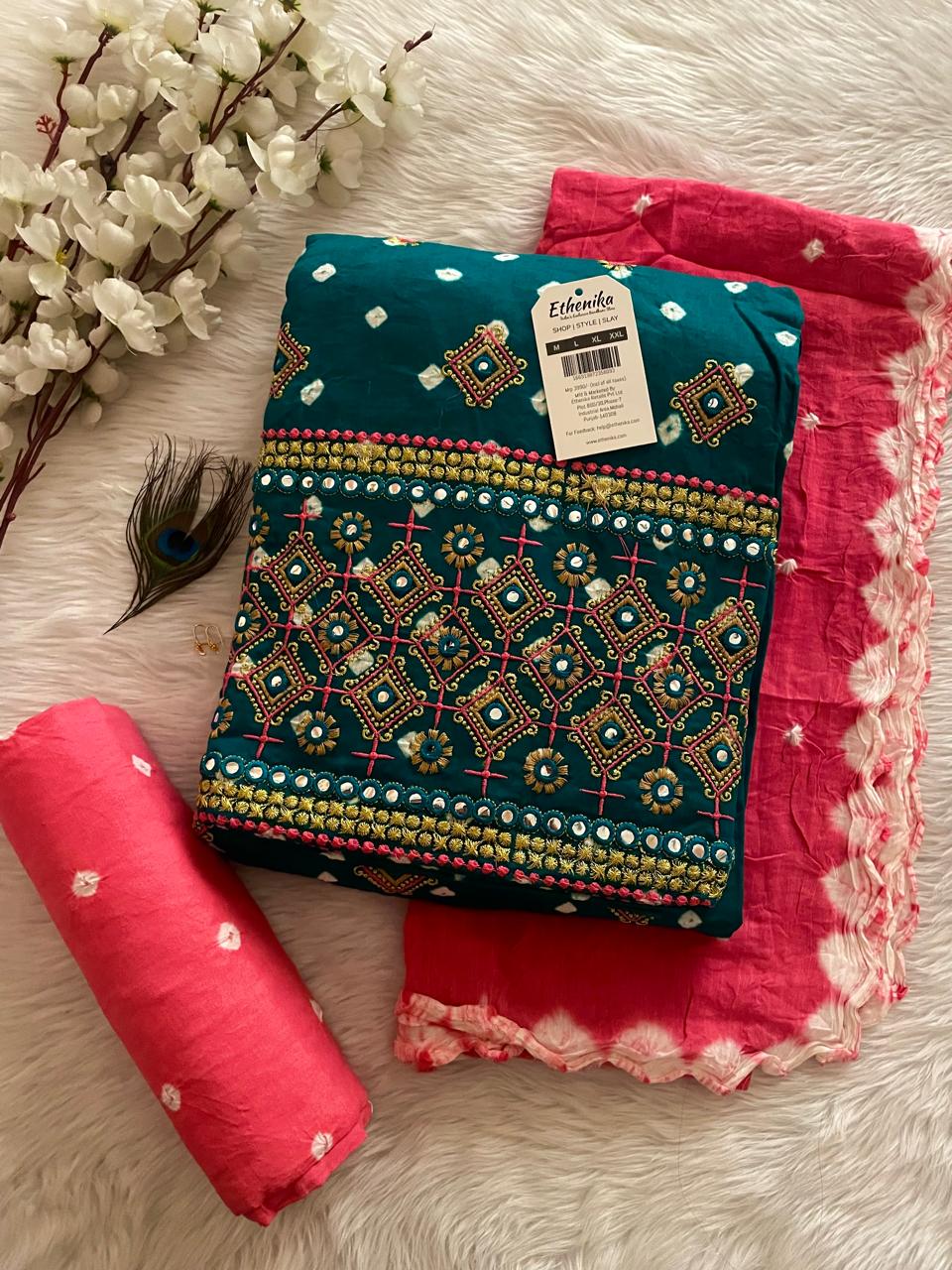 Cotton Foil Mirror and Thread work Bandhani Dress Material (Unstitched) - Premium from Ethenika.com - Just INR 1990! Shop now at Ethenika.com