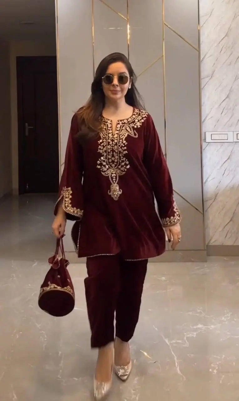 Neck Embroidery work Velvet Kurti Pant Set (Stitched) - Premium from Ethenika.com - Just INR 2190! Shop now at Ethenika.com