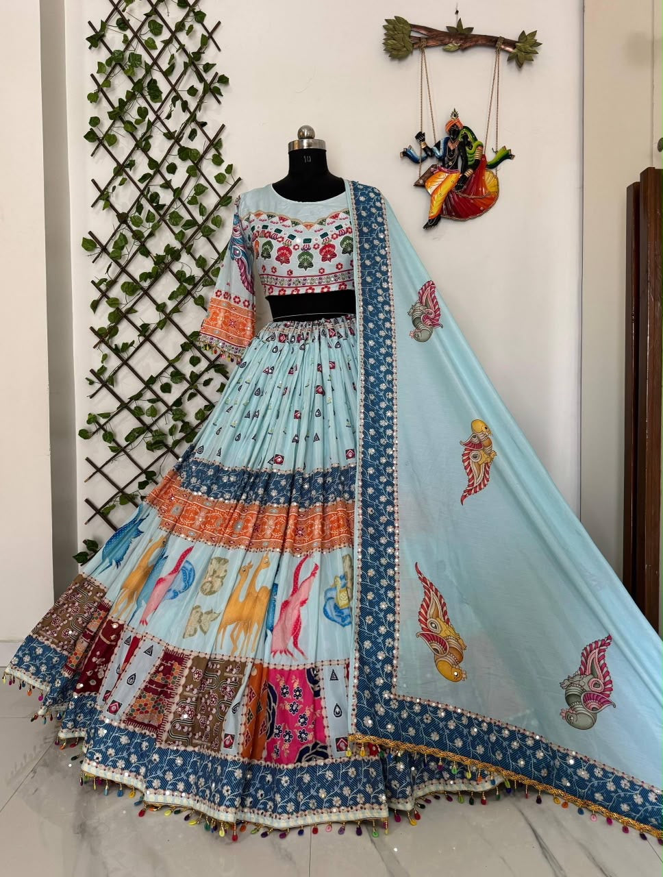 Blue mirror work Chaniya Choli with dupatta for Garba - full set view