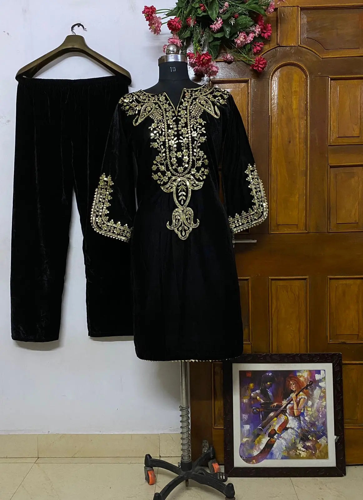 Neck Embroidery work Velvet Kurti Pant Set (Stitched) - Premium  from Ethenika.com - Just INR 2190! Shop now at Ethenika.com